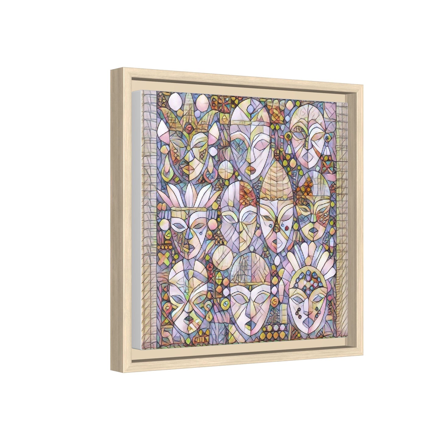 Framed Abstract Mask Art Canvas — Multicolor Stained-Glass Faces Wall Decor