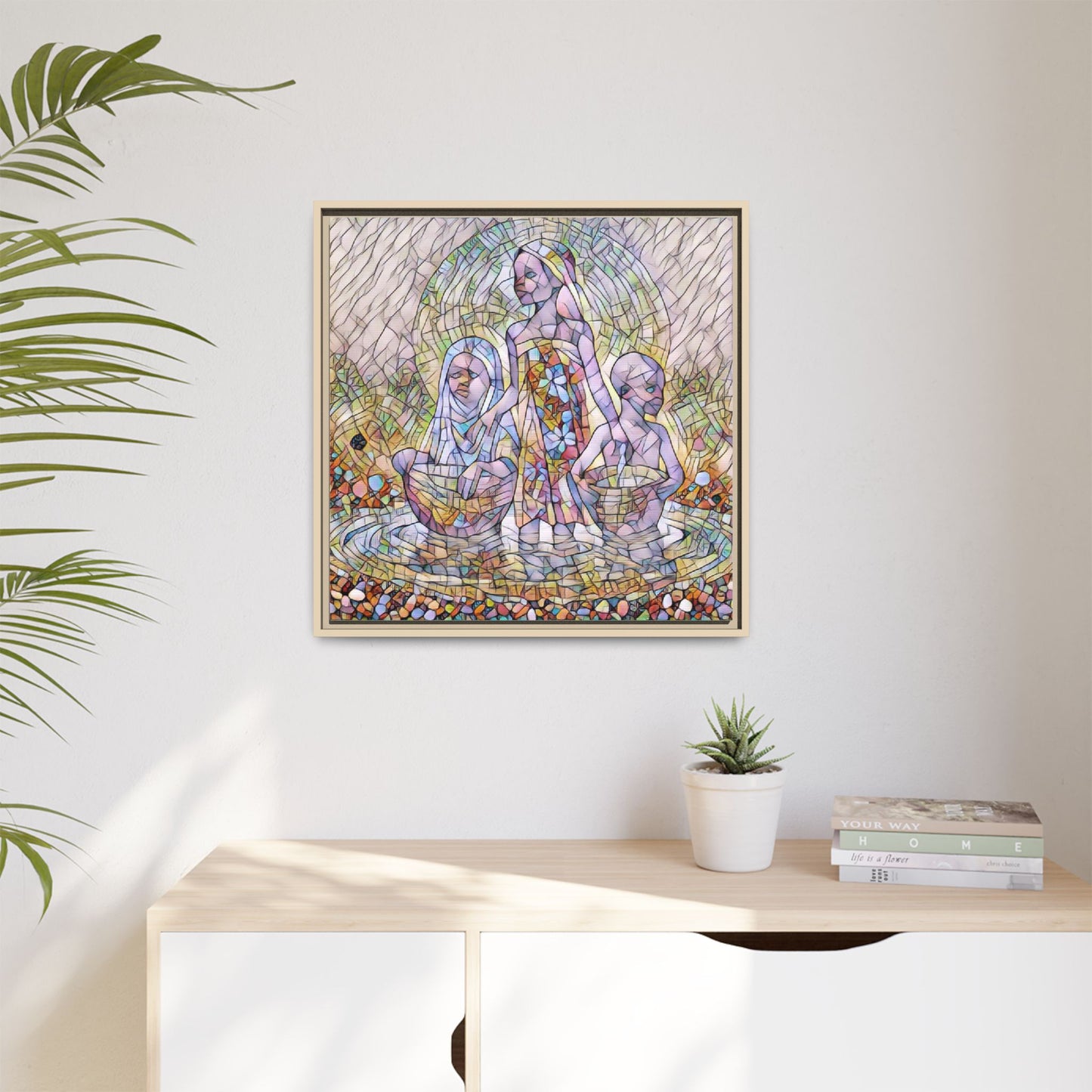 Framed Matte Canvas Art — Stained Glass Trio Women Illustration