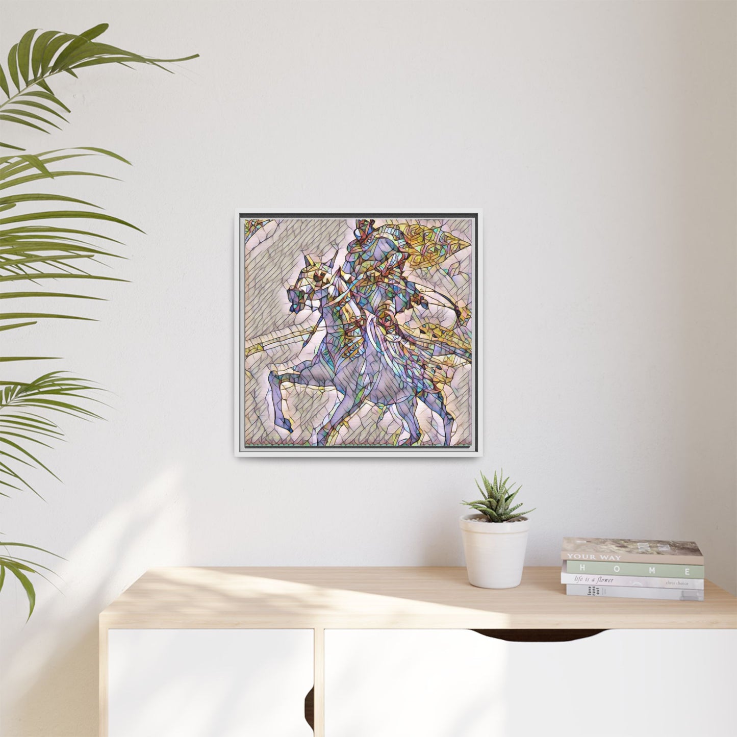 Framed Matte Canvas Art — Stained Glass Knight on Horse Fantasy Wall Decor