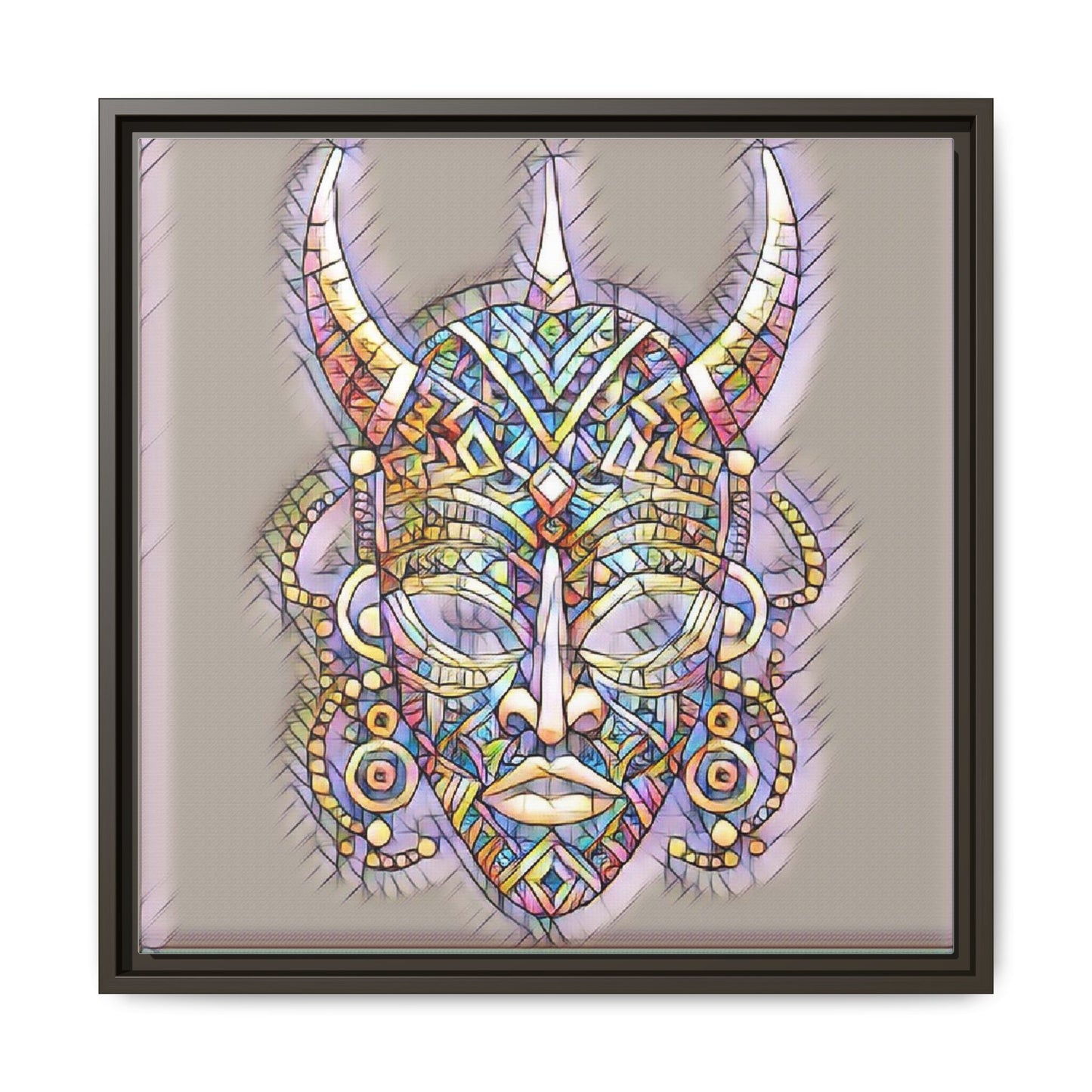 Colorful Tribal Mask Framed Canvas Art — Abstract Ethnic Wall Decor