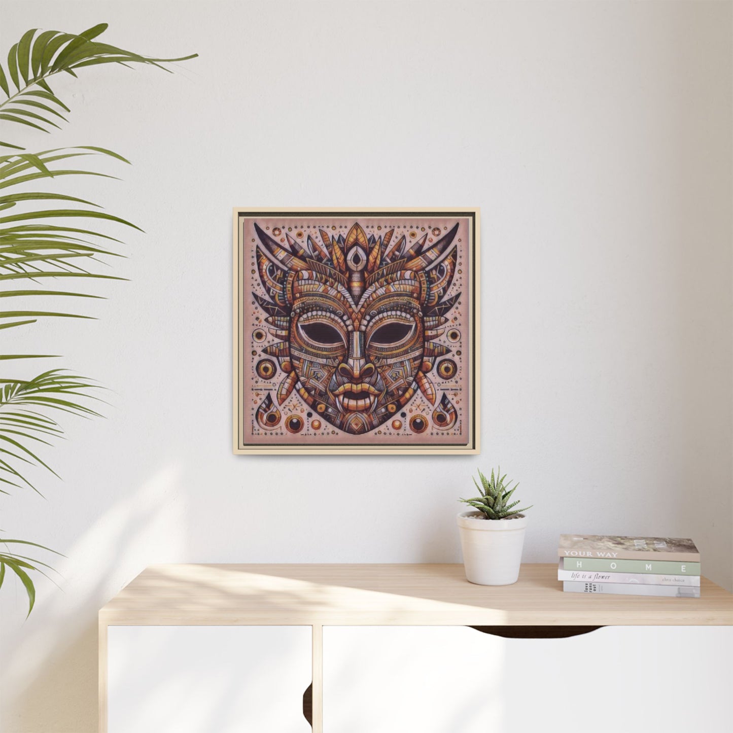 Tribal Mask Framed Canvas Art — Multicolor Matte Wall Decor