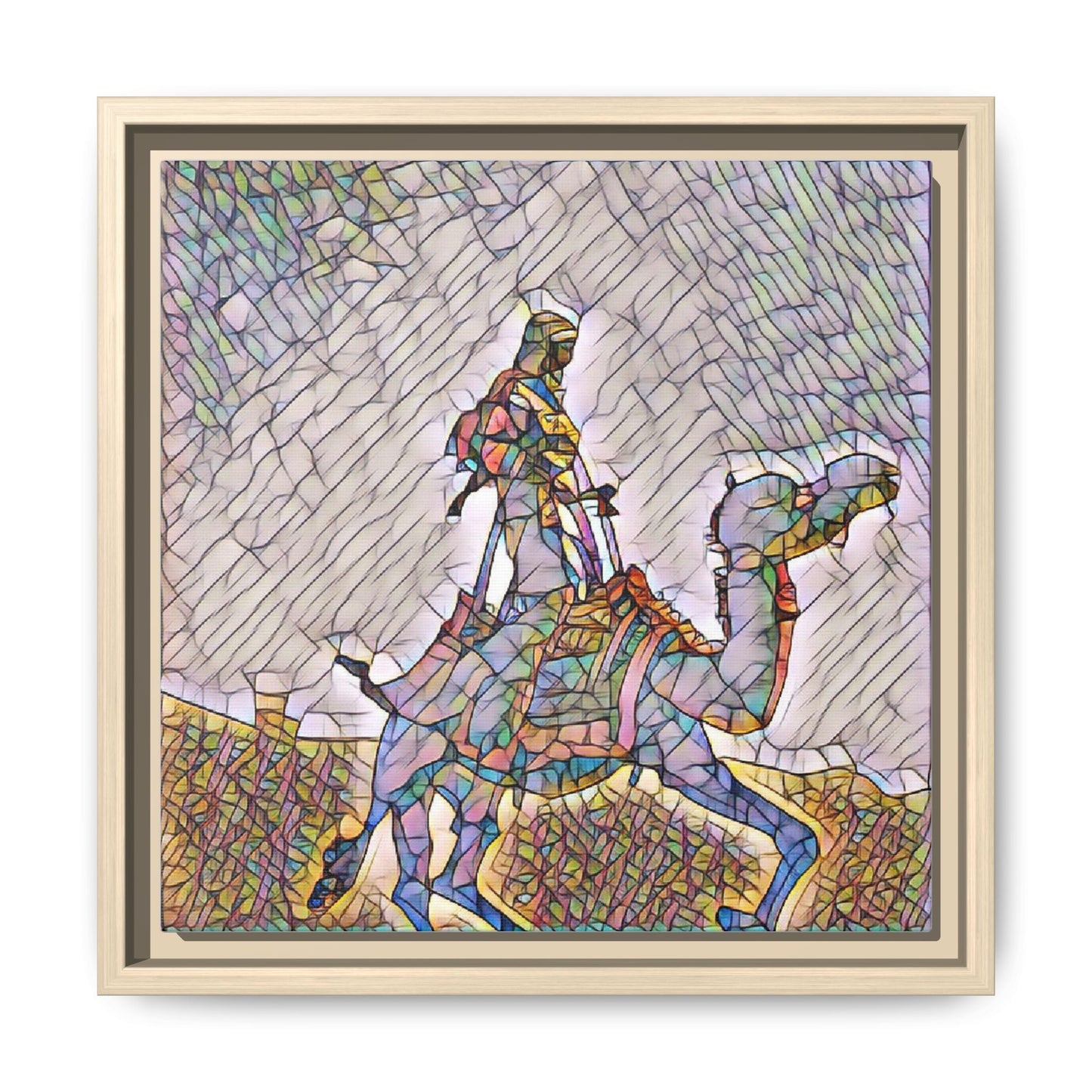 Framed Camel Rider Matte Canvas Art — Colorful Mosaic Desert Wall Decor