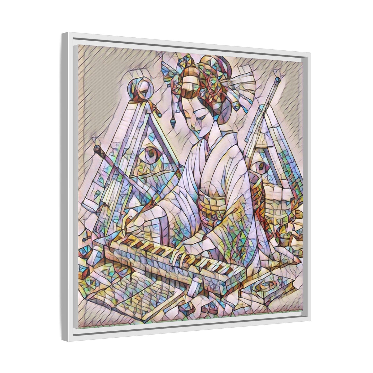 Framed Matte Canvas: Stained-Glass Geisha Wall Art