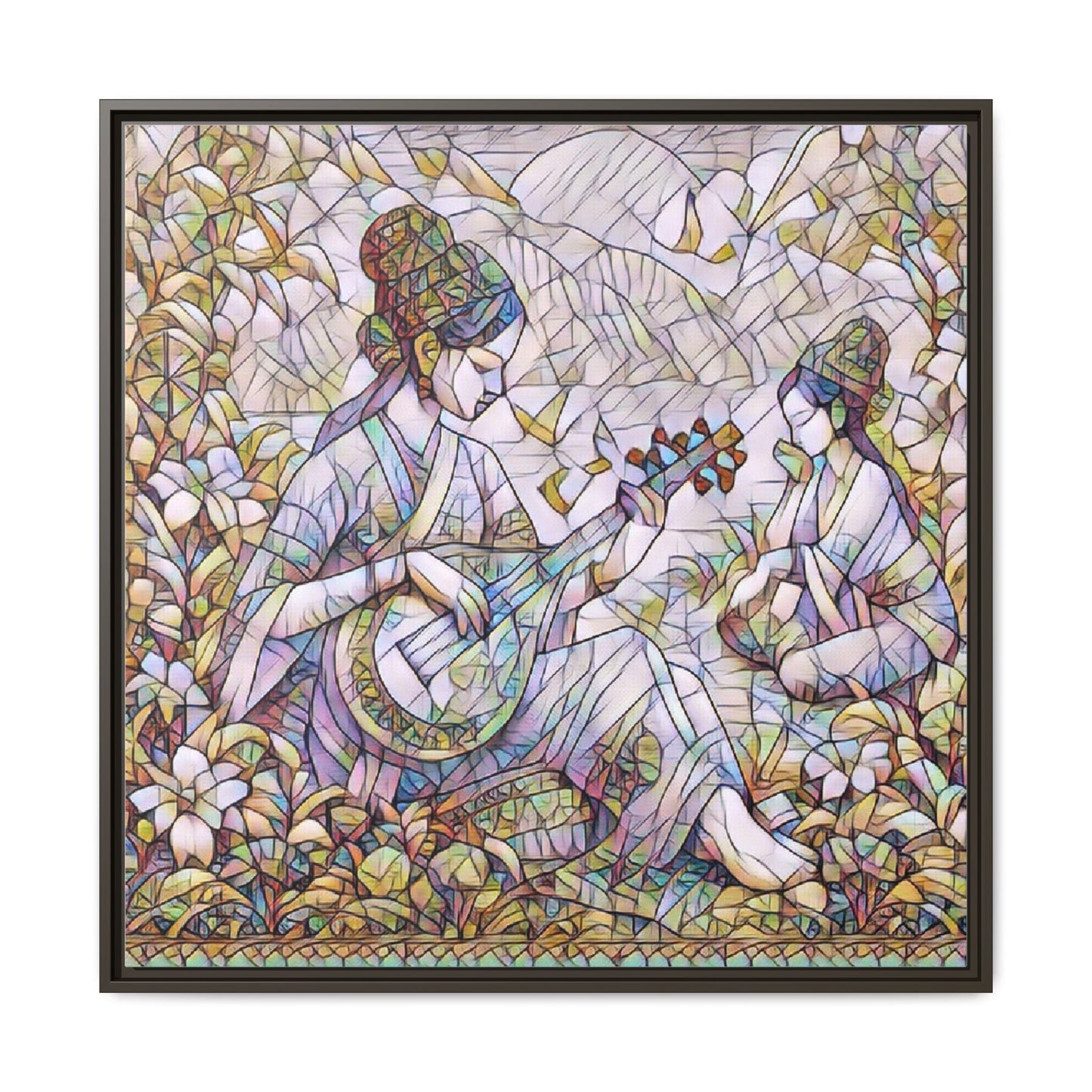 Framed Matte Canvas Art - Vintage Asian Musicians Floral Illustration