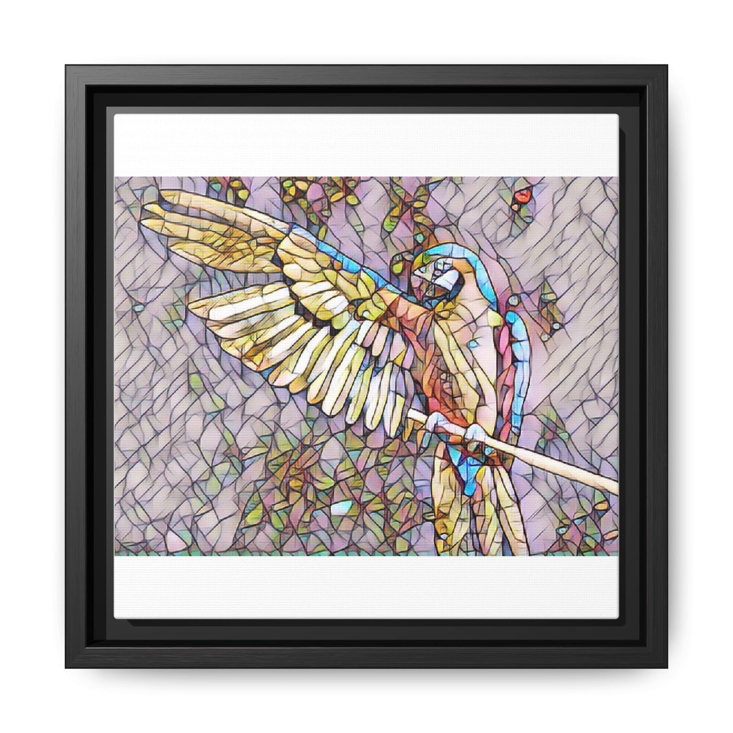 Framed Parrot Stained-Glass Art Print — Matte Canvas Wall Decor