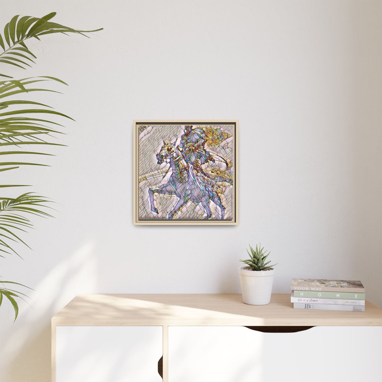 Framed Matte Canvas Art — Stained Glass Knight on Horse Fantasy Wall Decor