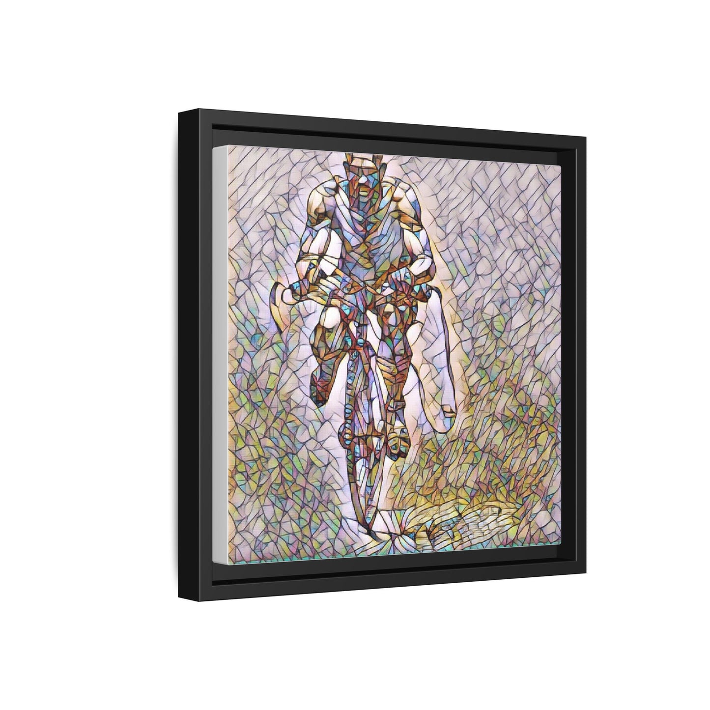 Cyclist Art Print — Framed Matte Canvas Wall Art (Multicolor Stained-Glass Style)
