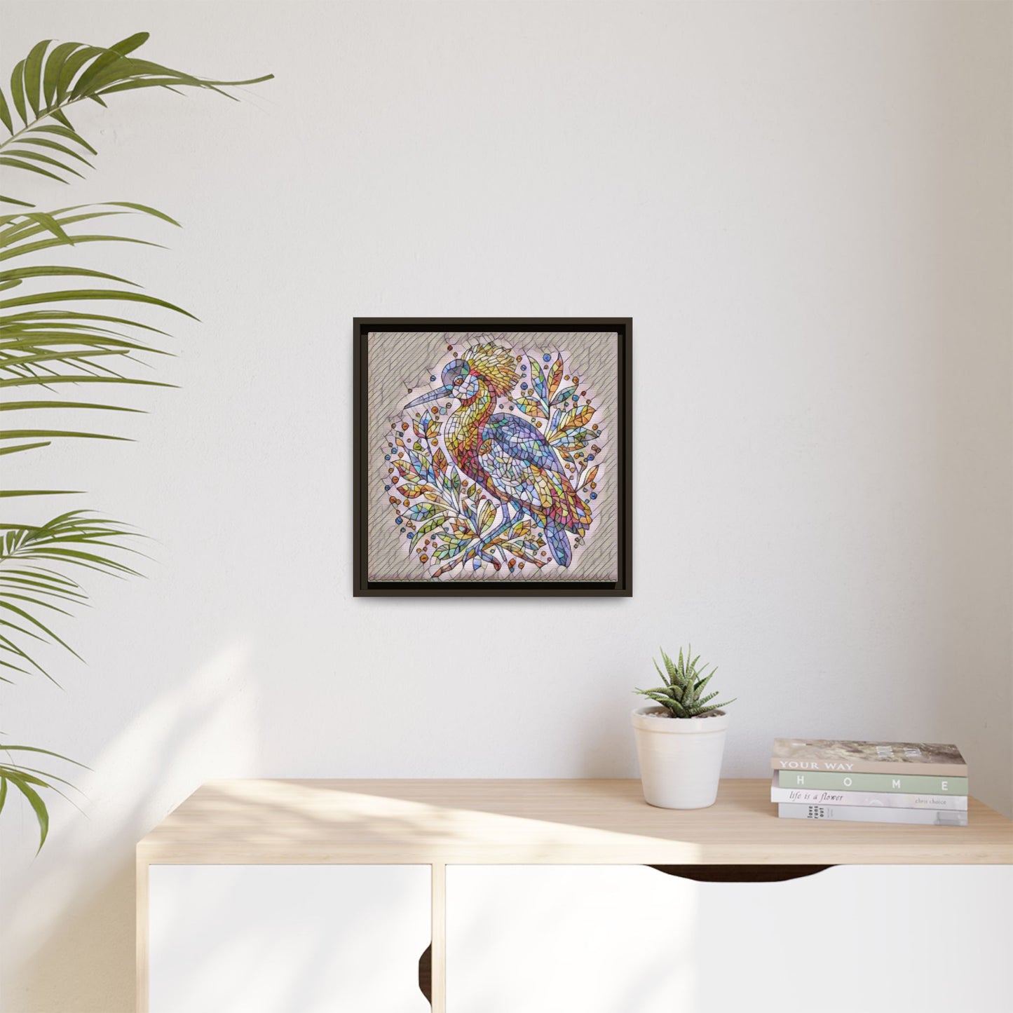 Colorful Stained-Glass Heron — Framed Matte Canvas Wall Art