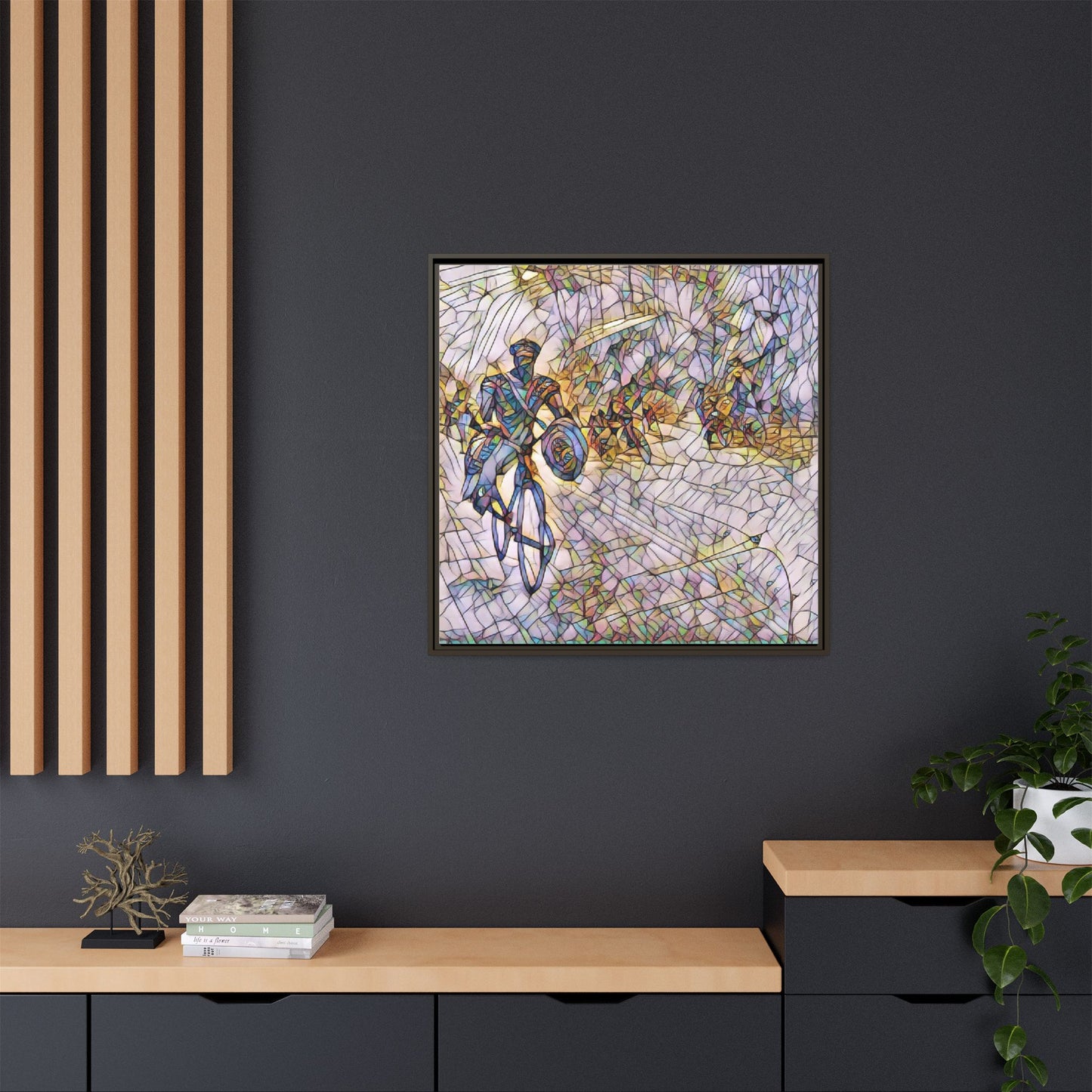 Cyclist Mosaic Matte Canvas Framed Wall Art — Colorful Biking Scene