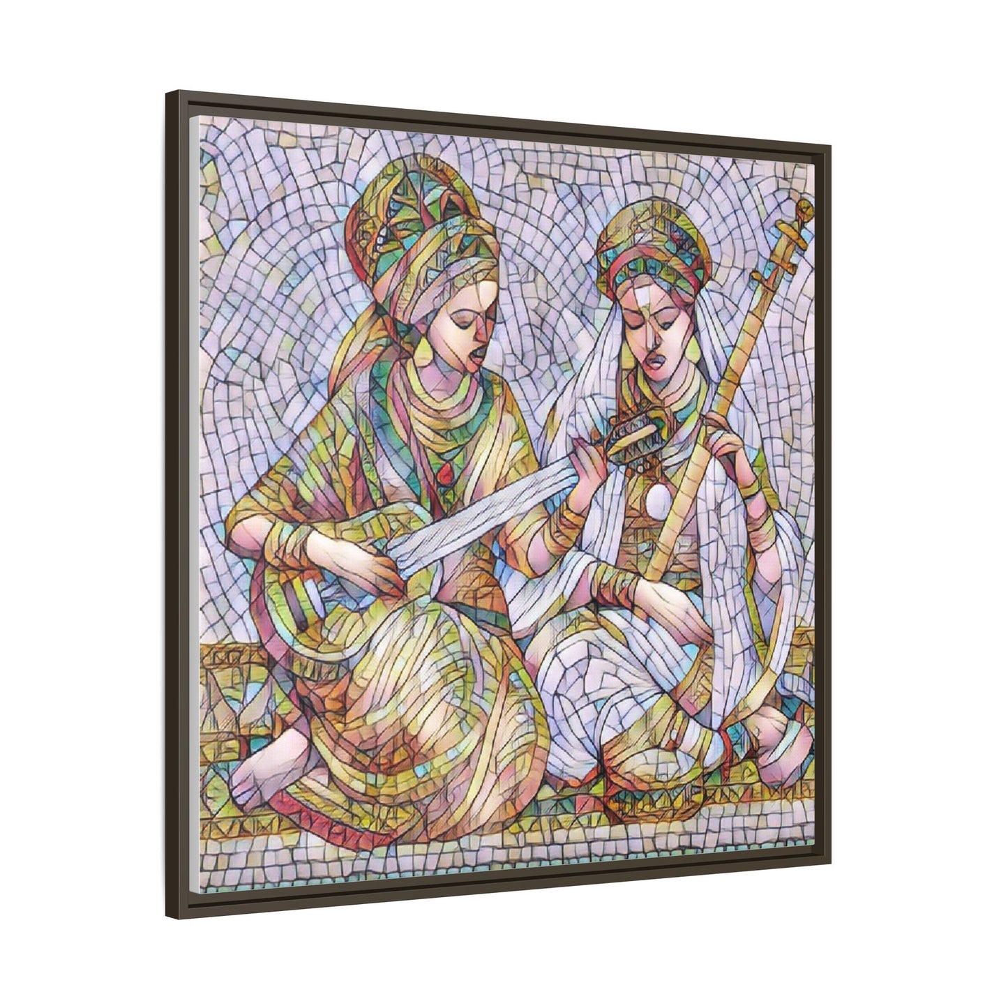 Framed Mosaic Art Print — Two Women Playing Lutes (Matte Canvas)