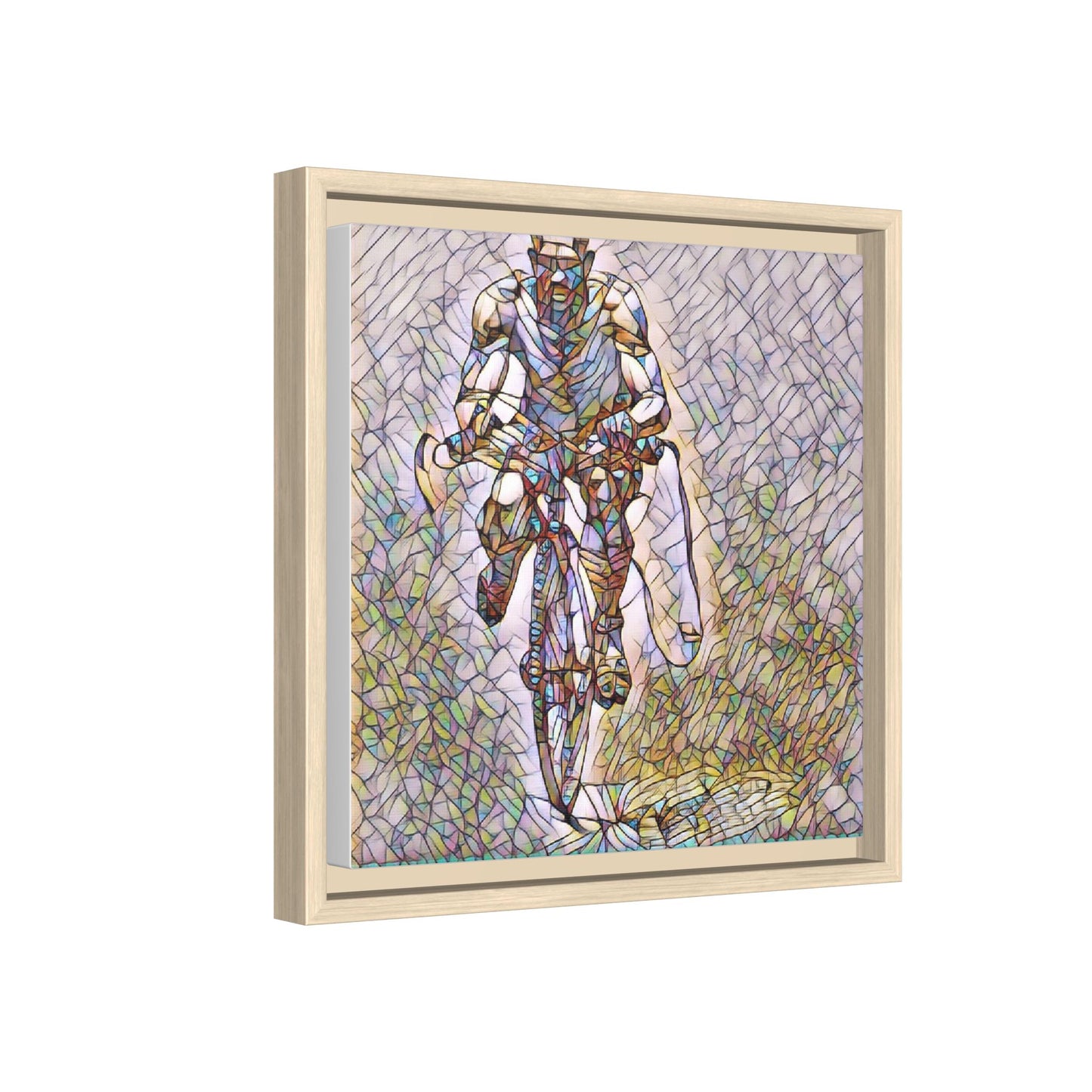 Cyclist Art Print — Framed Matte Canvas Wall Art (Multicolor Stained-Glass Style)