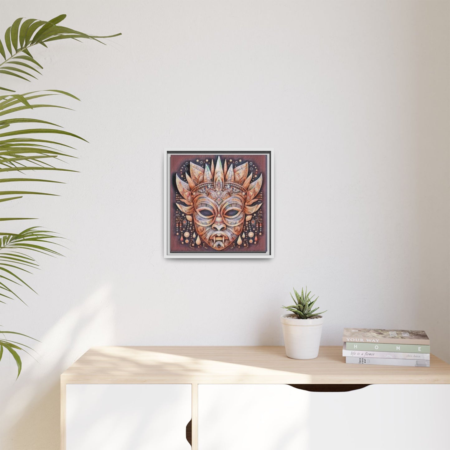 Tribal Sun Mask Framed Canvas Art — Boho Ethnic Wall Decor