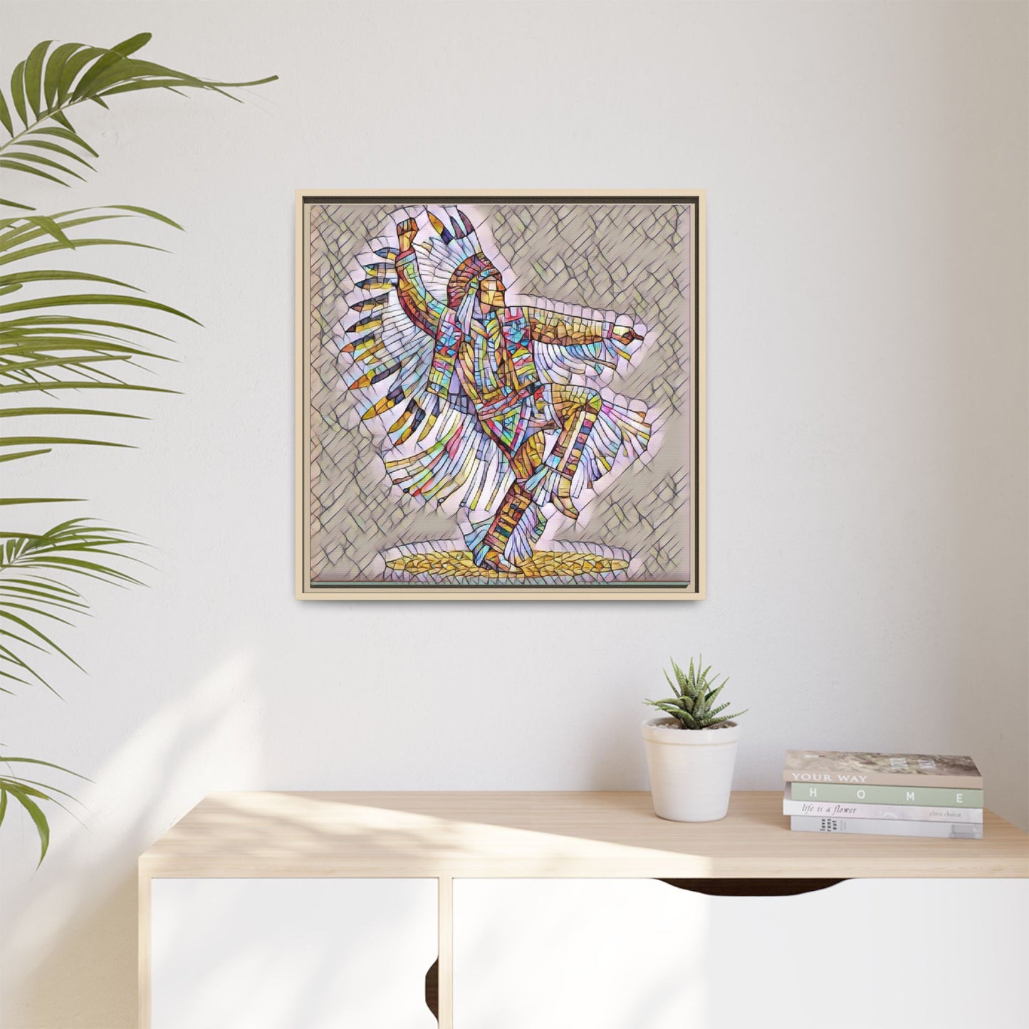 Colorful Native Dancer Framed Canvas Art — Stained Glass Style Wall Decor