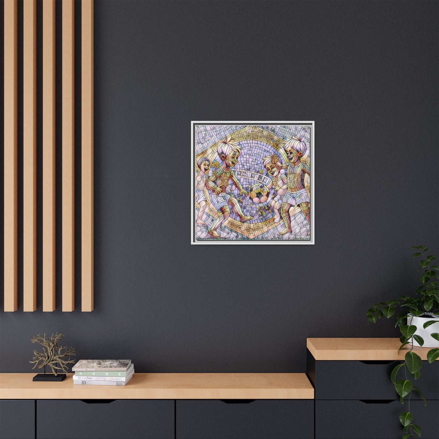 Framed Matte Canvas – Vintage Mosaic Kids Playing Soccer Art
