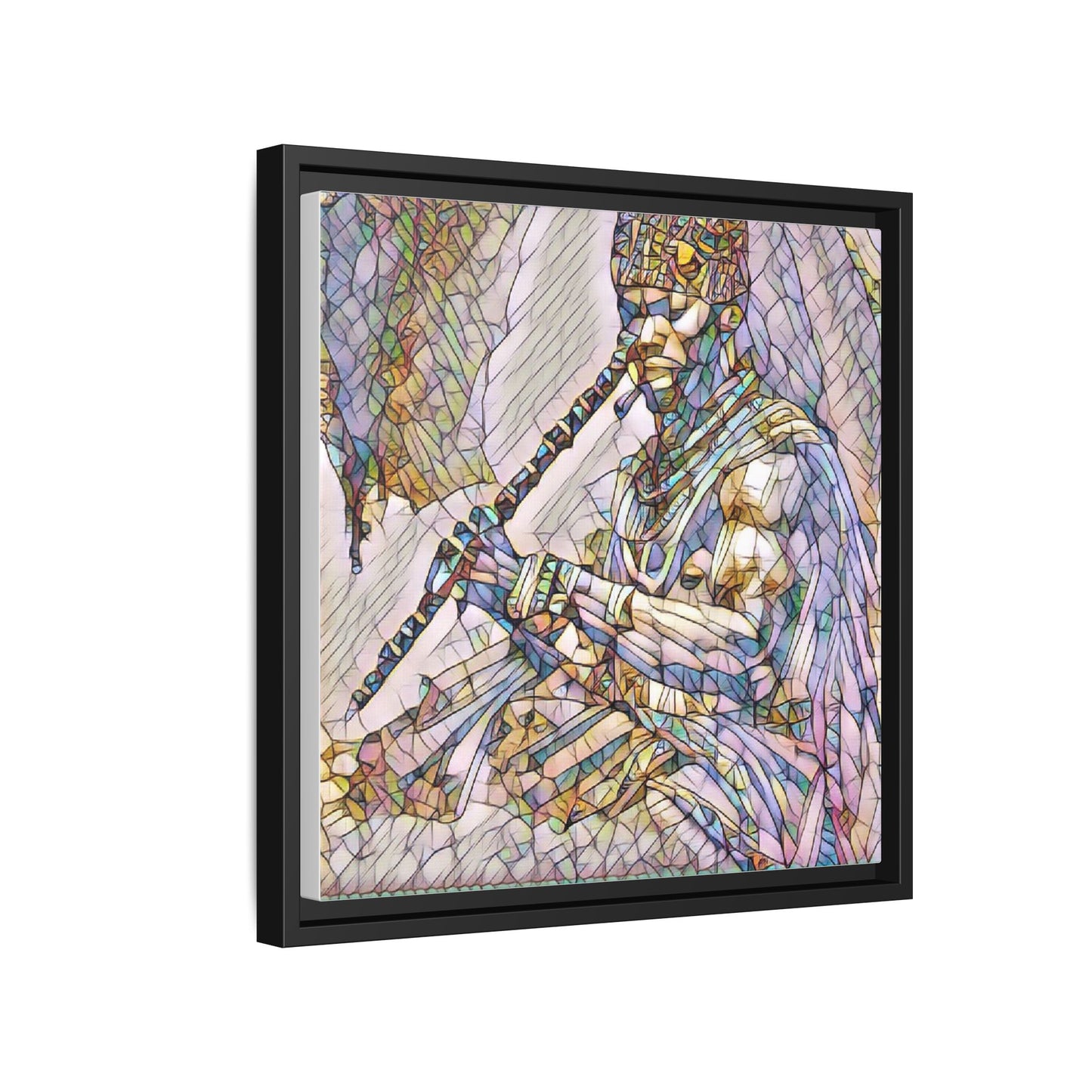 Tribal Flute Musician Stained-Glass Framed Canvas Art