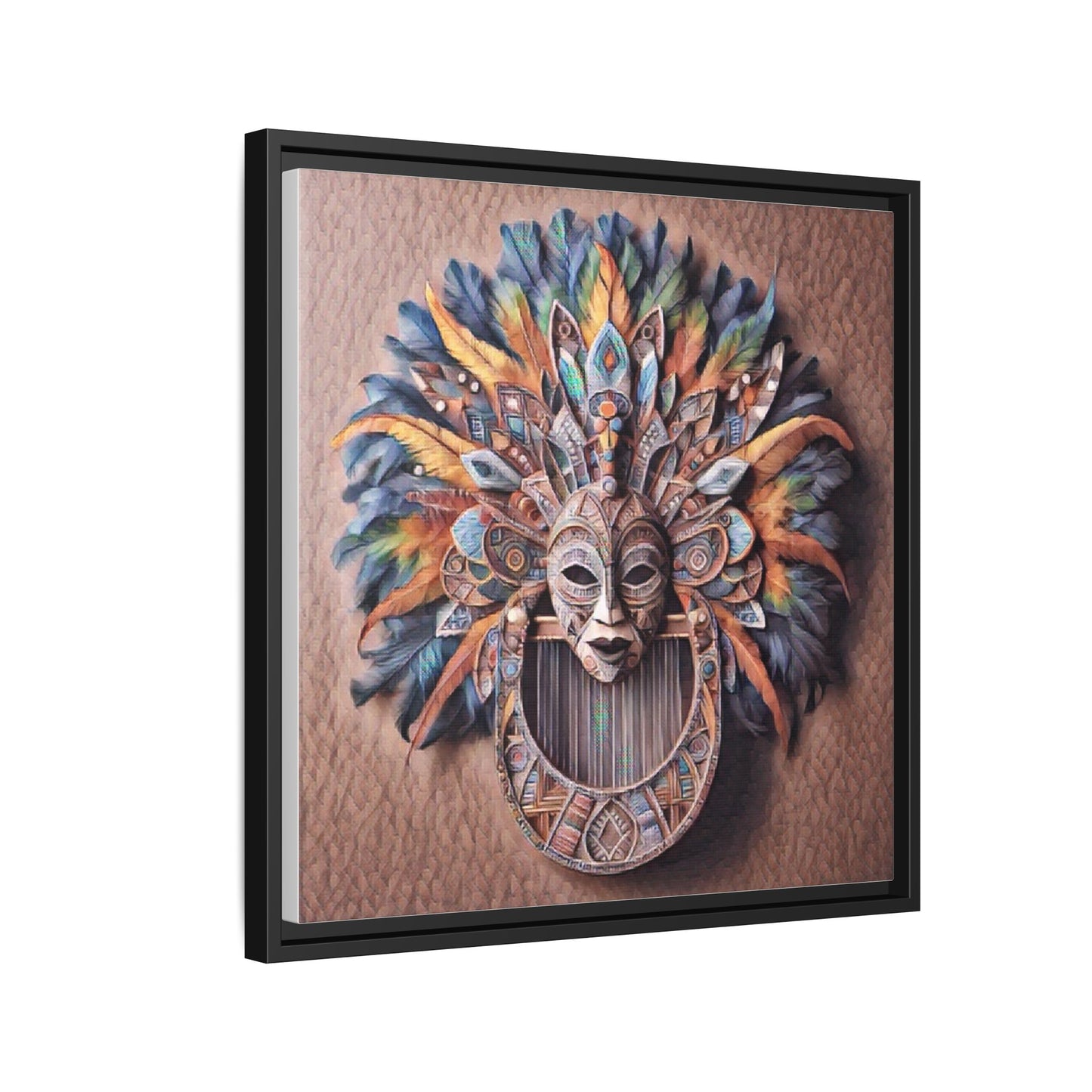 Tribal Feather Mask Framed Canvas Wall Art — Colorful Boho Decorative Print