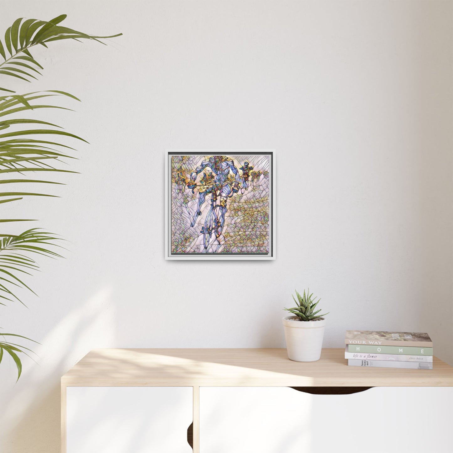 Abstract Cyclist Matte Canvas Framed Art — Colorful Stained-Glass Bike Print