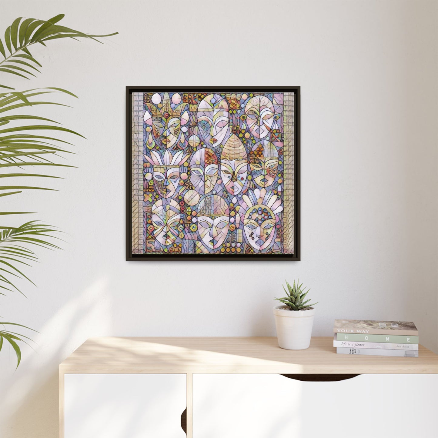 Framed Abstract Mask Art Canvas — Multicolor Stained-Glass Faces Wall Decor