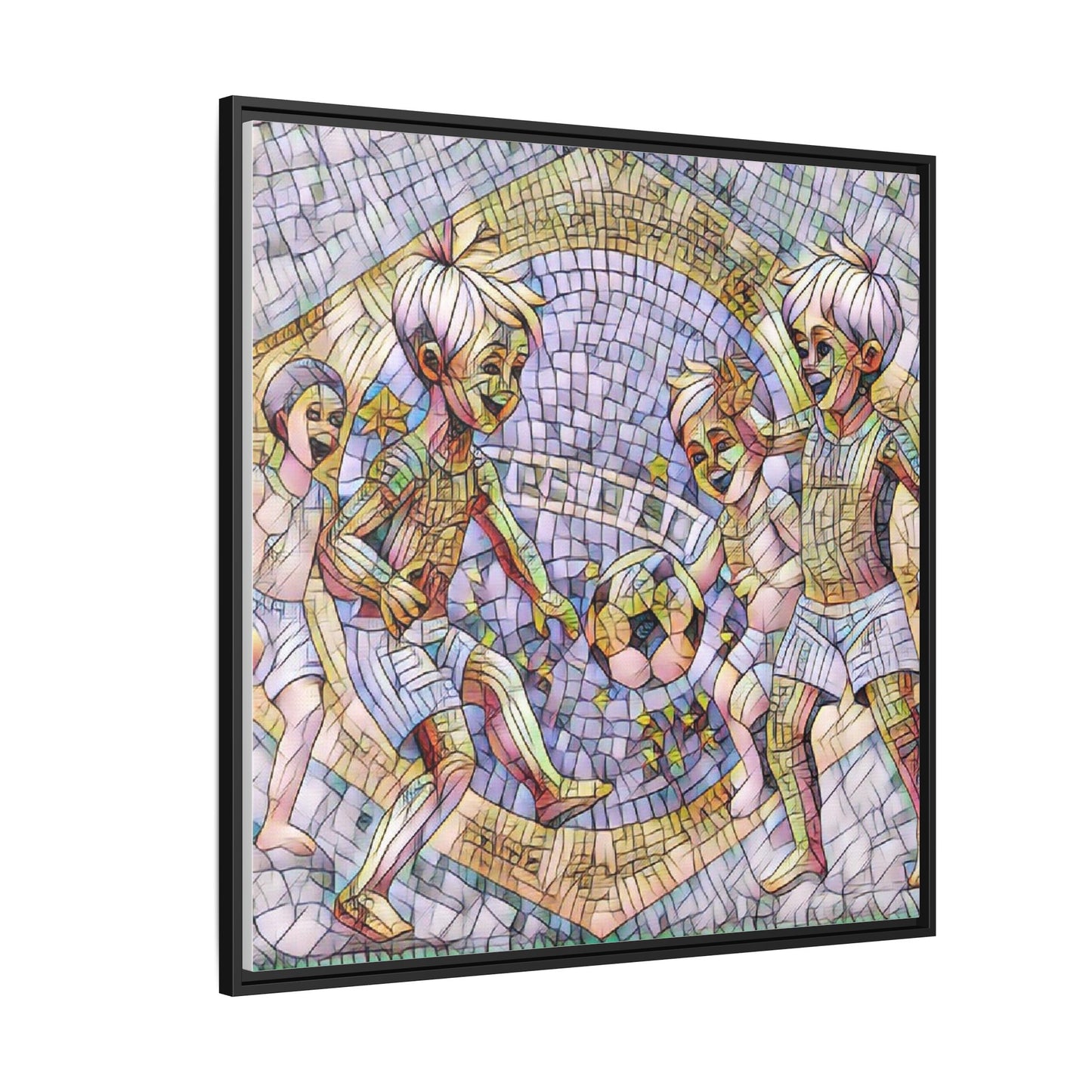 Framed Matte Canvas – Vintage Mosaic Kids Playing Soccer Art