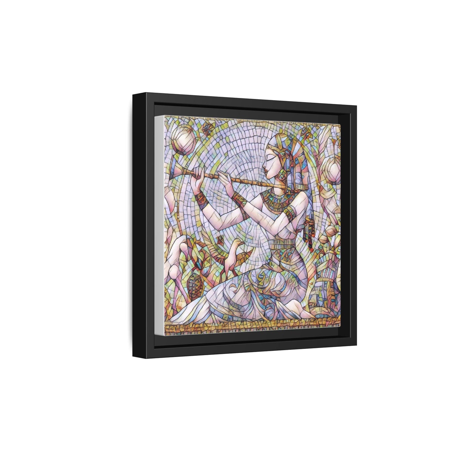 Egyptian Flute Player Framed Canvas Art — Colorful Mosaic Wall Decor