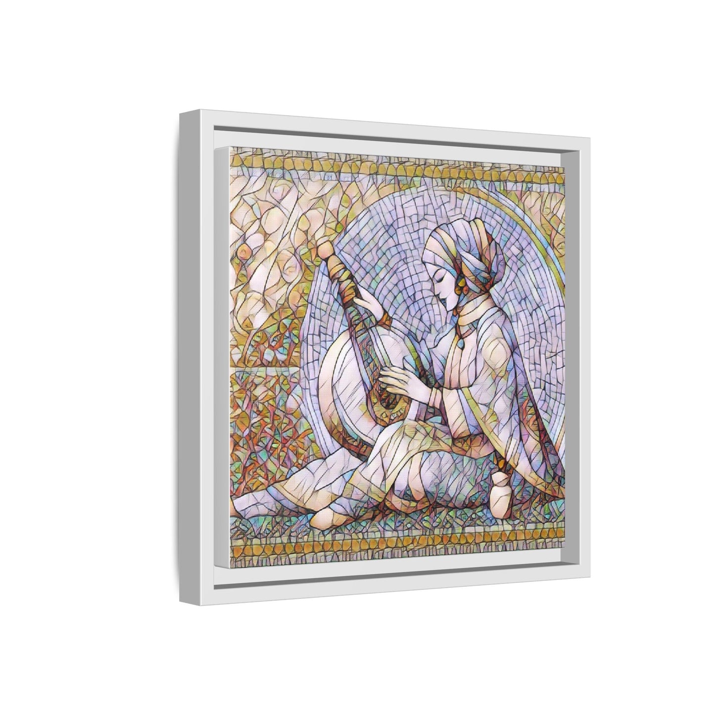 Framed Matte Canvas: Mosaic Lute Player Wall Art — Bohemian Musical Portrait