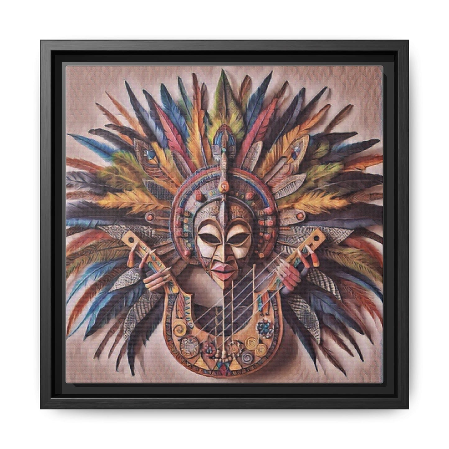 Tribal Feather Mask Guitar Framed Canvas Art — Colorful Boho Wall Decor