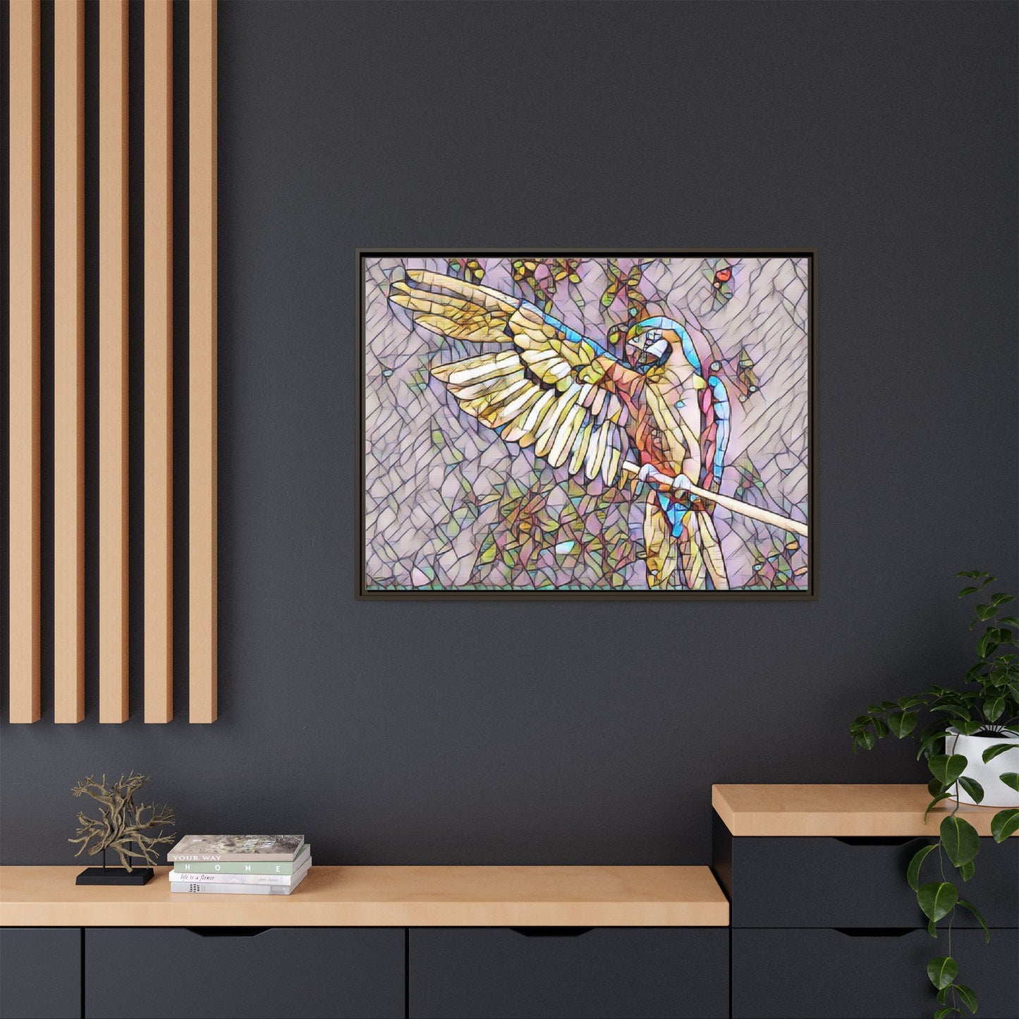 Framed Parrot Stained-Glass Art Print — Matte Canvas Wall Decor