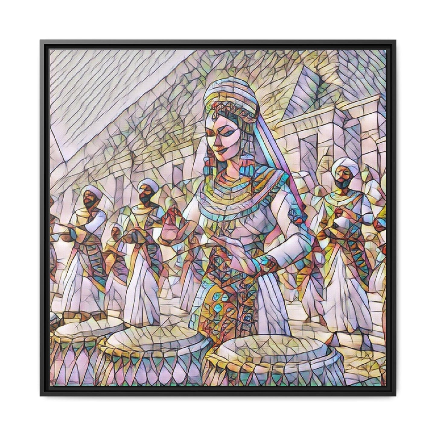 Egyptian Drummers Framed Canvas Art — Colorful Egyptian Dancer Wall Decor
