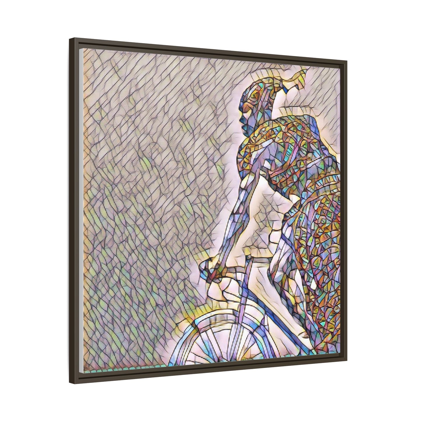 Cyclist Mosaic Matte Canvas Print — Framed Multicolor Bike Art