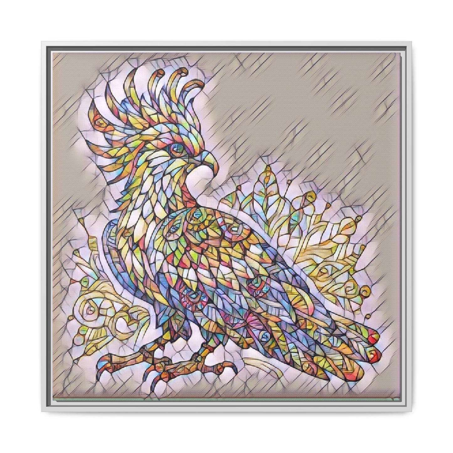 Colorful Stained-Glass Cockatoo Matte Framed Canvas