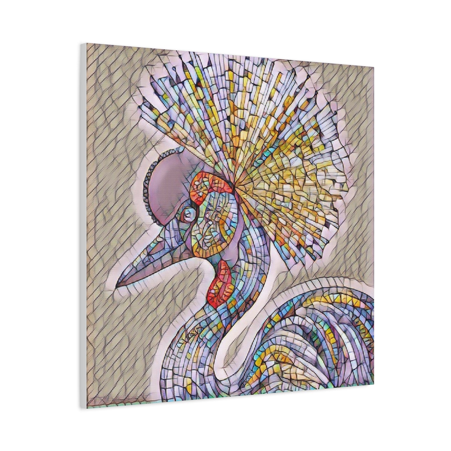 Colorful Mosaic Crowned Crane Canvas Wall Art — Stretched Matte Print