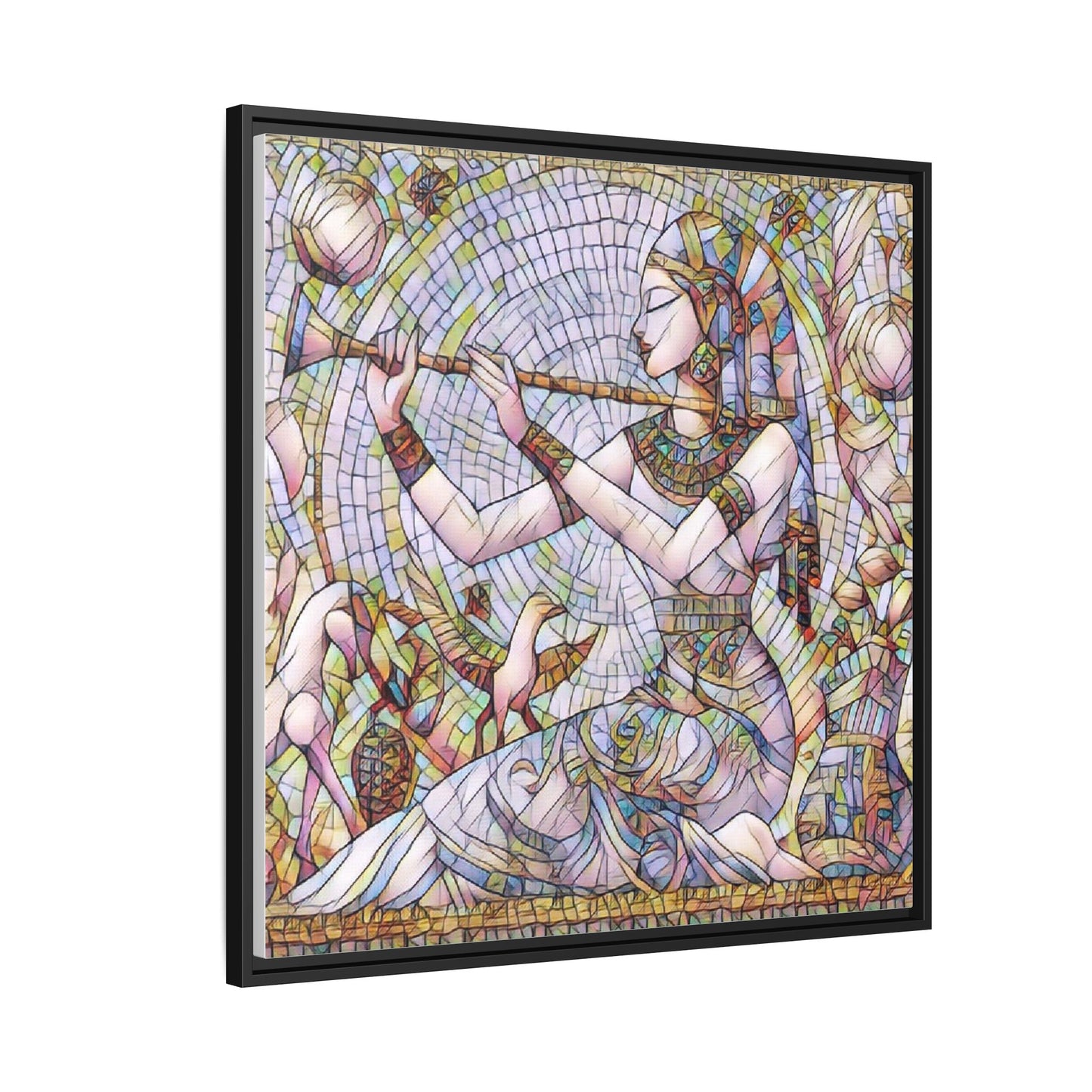 Egyptian Flute Player Framed Canvas Art — Colorful Mosaic Wall Decor