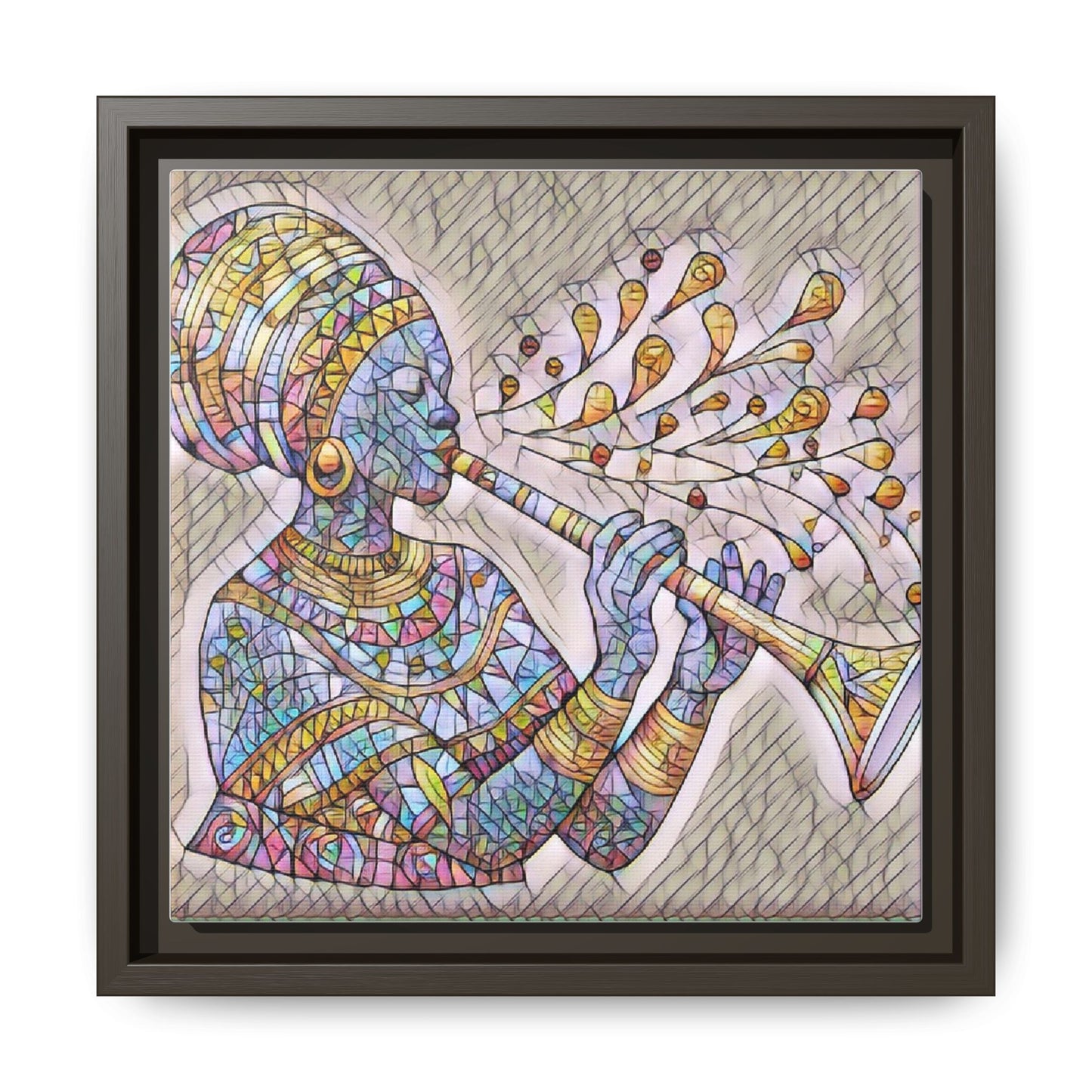 Framed Matte Canvas Art – Colorful African Musician Trumpet Print