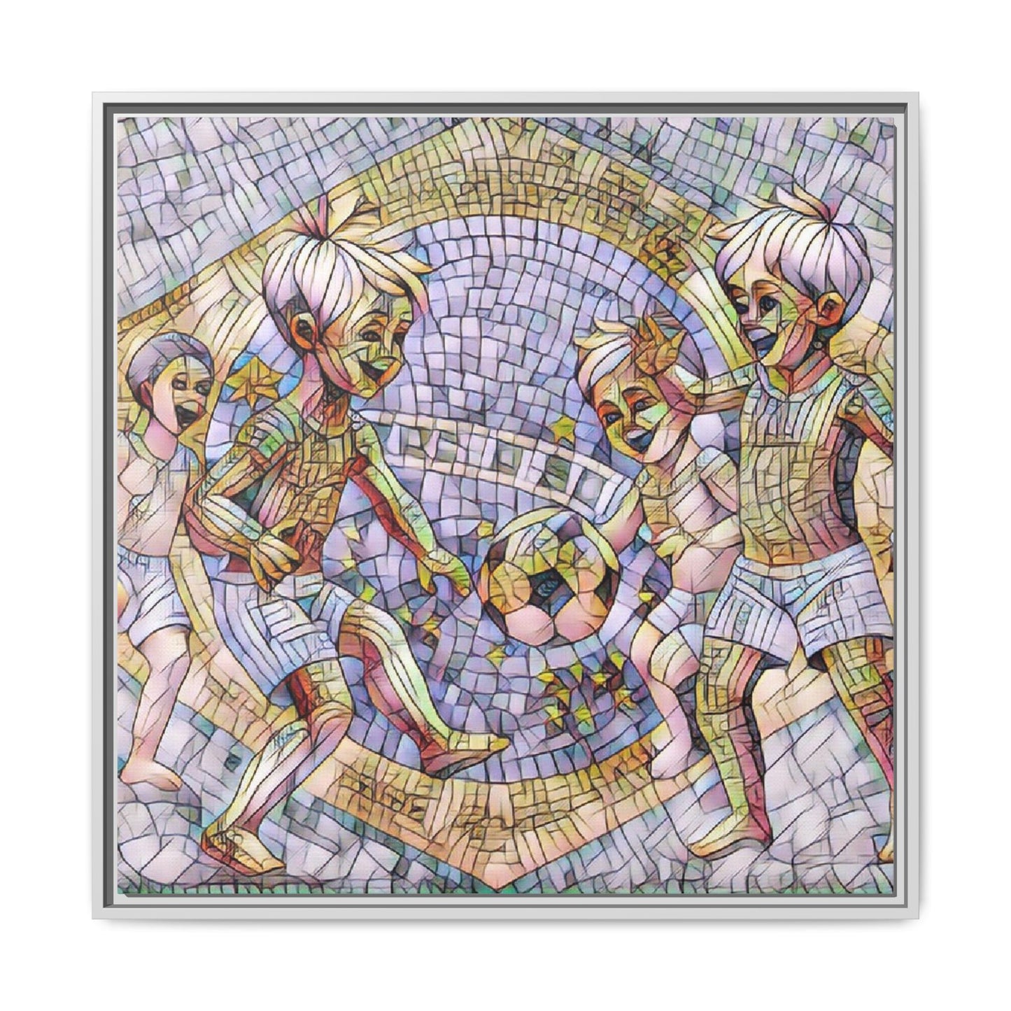 Framed Matte Canvas – Vintage Mosaic Kids Playing Soccer Art