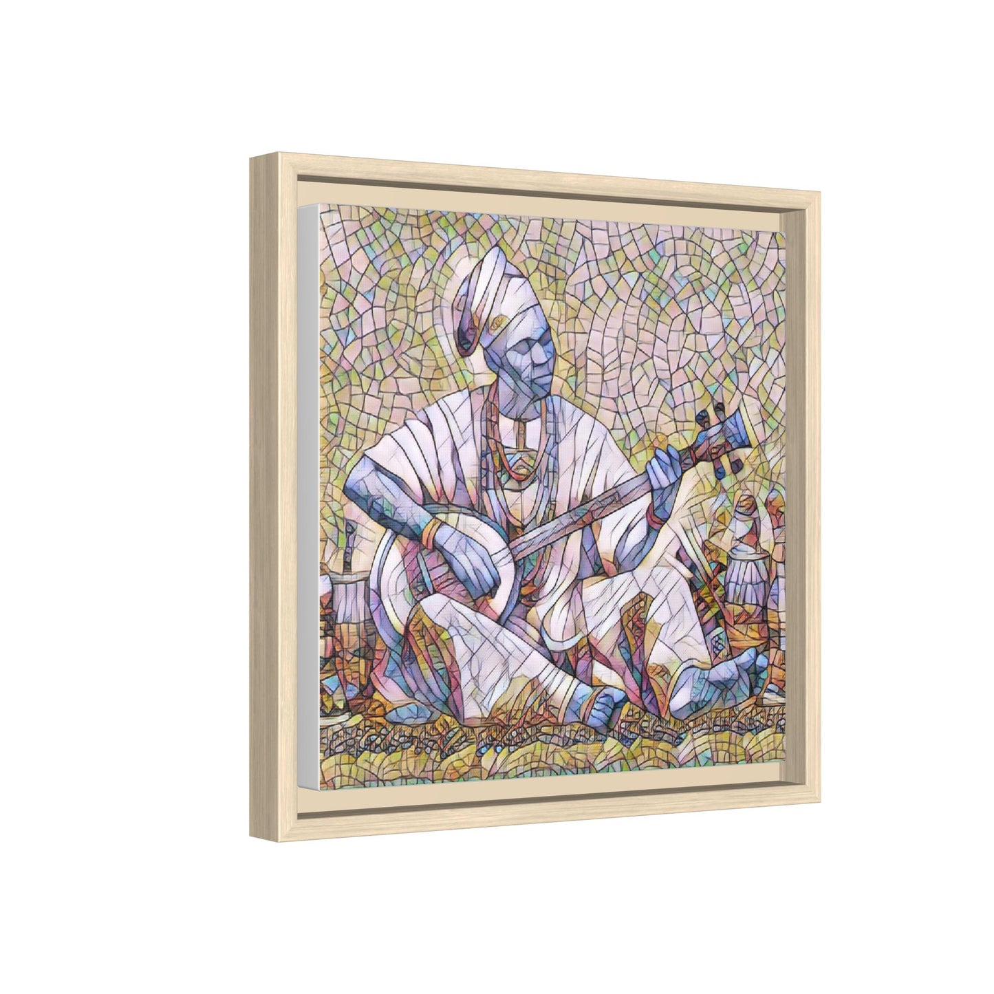 Framed Mosaic Musician Canvas Art — African Griot with Kora
