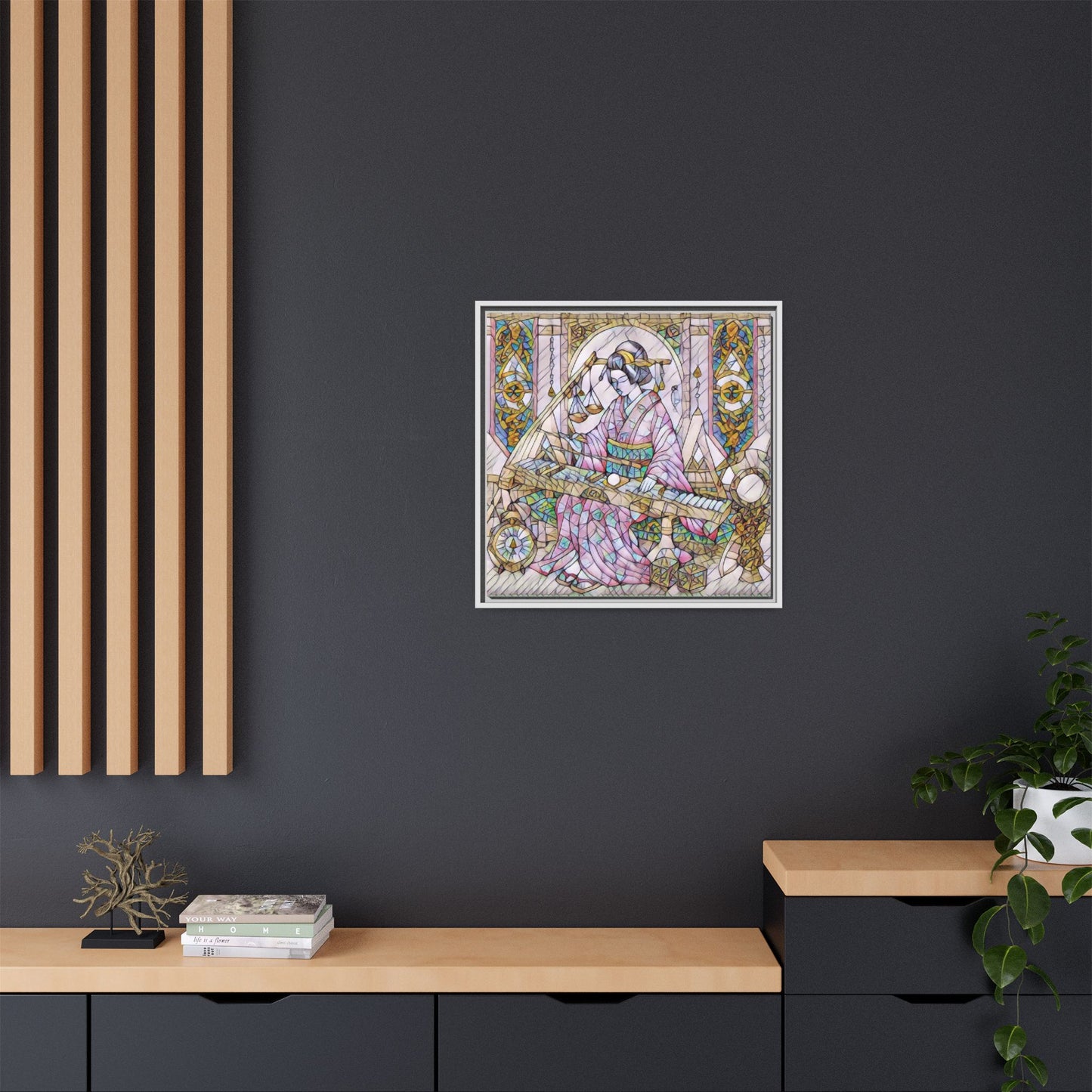 Framed Matte Canvas — Geisha Harp Stained-Glass Art Print