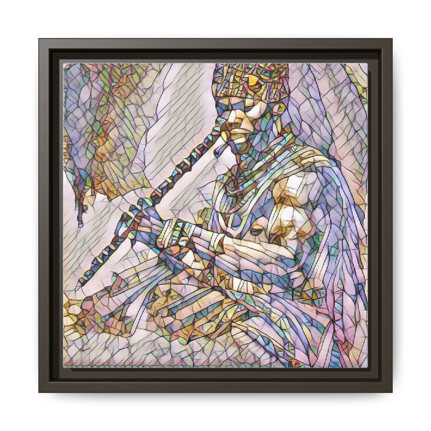 Tribal Flute Musician Stained-Glass Framed Canvas Art