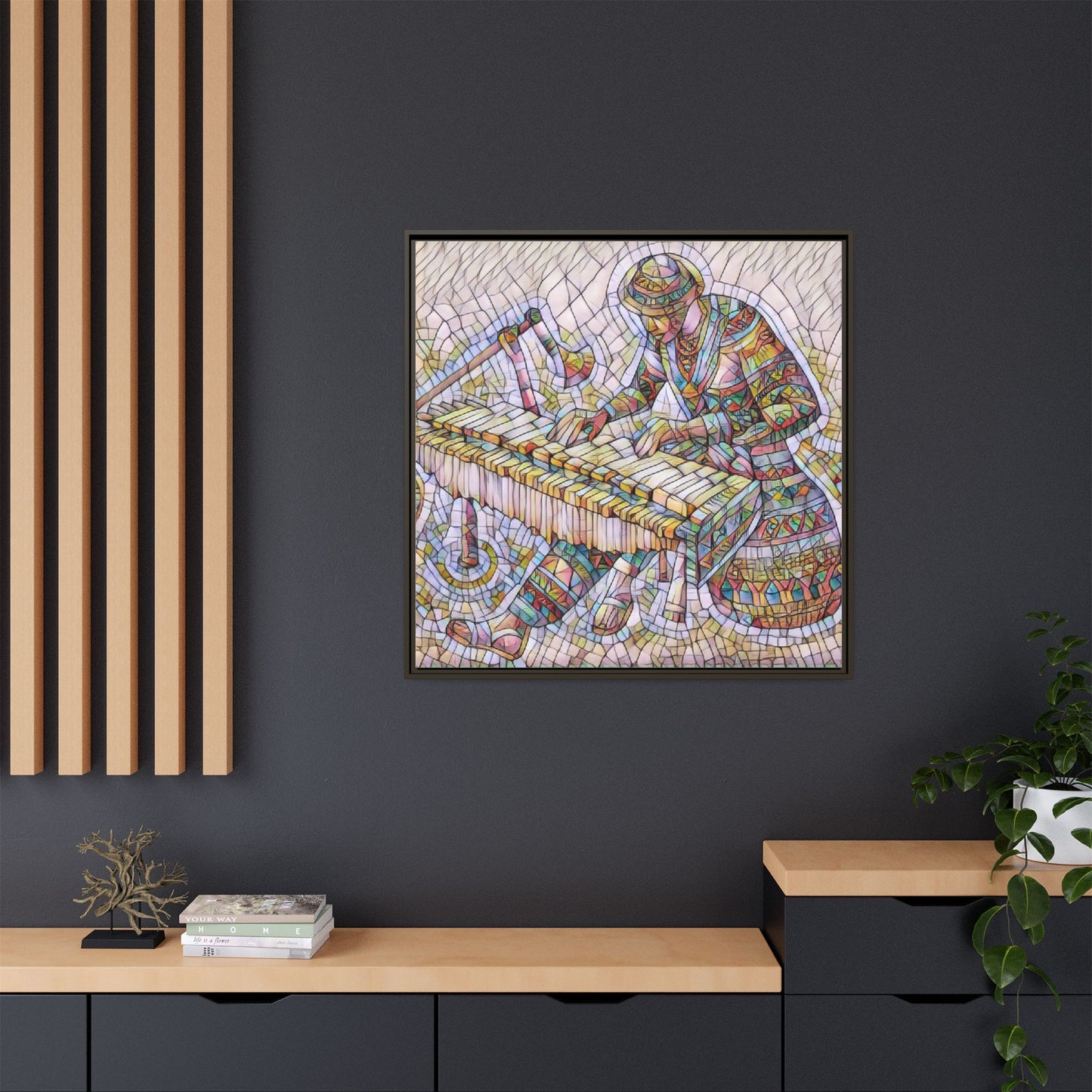 Framed Canvas Art - Colorful Mosaic Vibraphone Musician Print