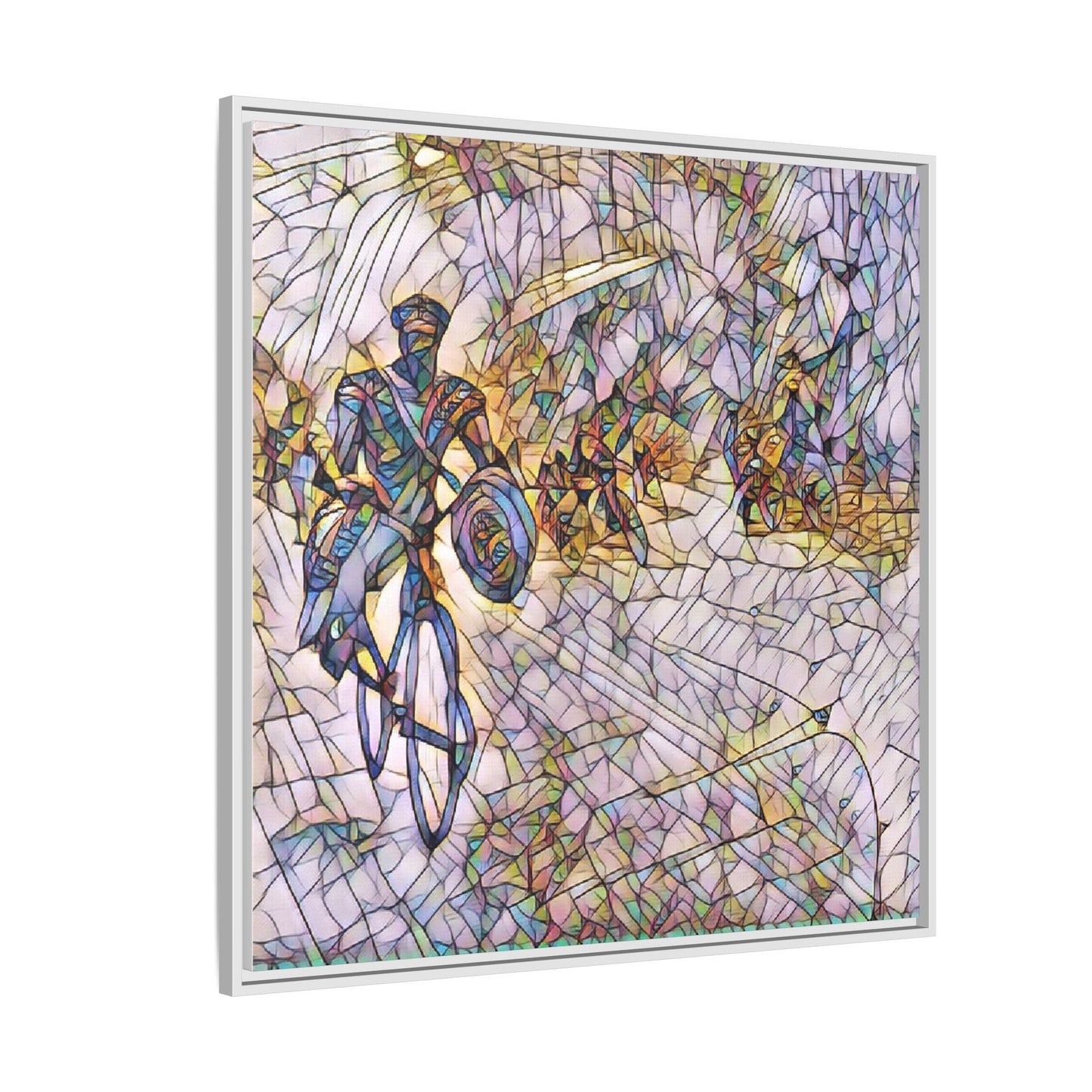 Cyclist Mosaic Matte Canvas Framed Wall Art — Colorful Biking Scene