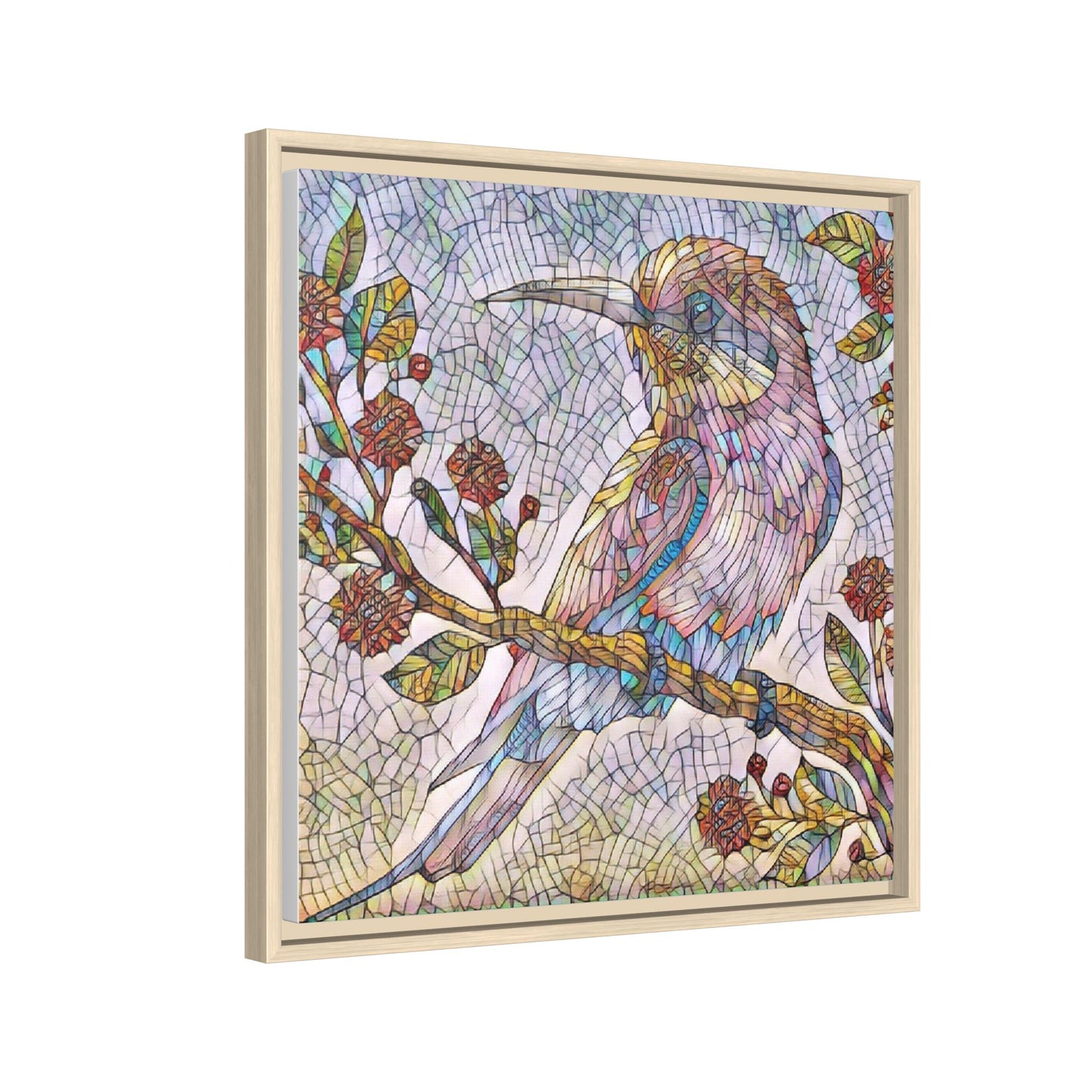 Framed Mosaic Bird Art Print — Colorful Kookaburra Wall Canvas