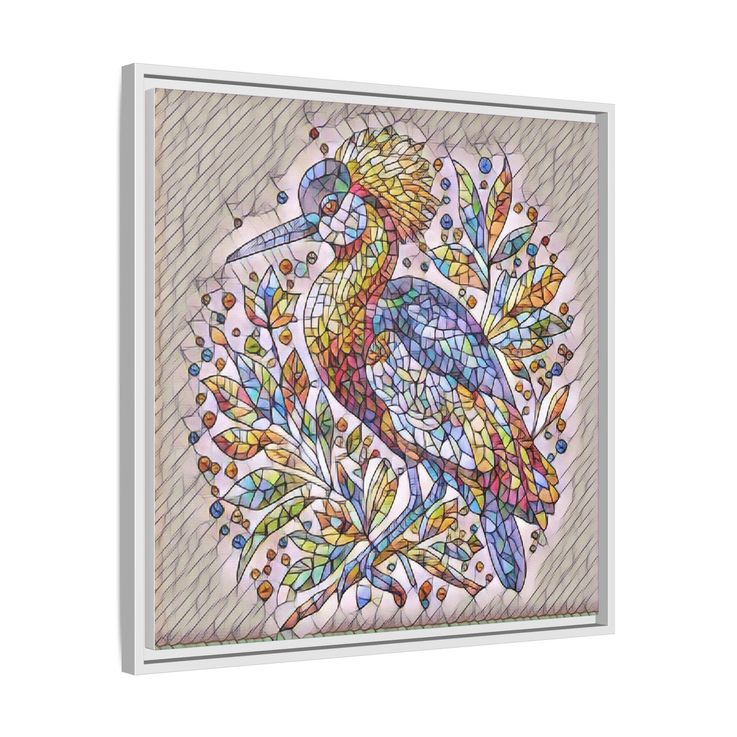 Colorful Stained-Glass Heron — Framed Matte Canvas Wall Art