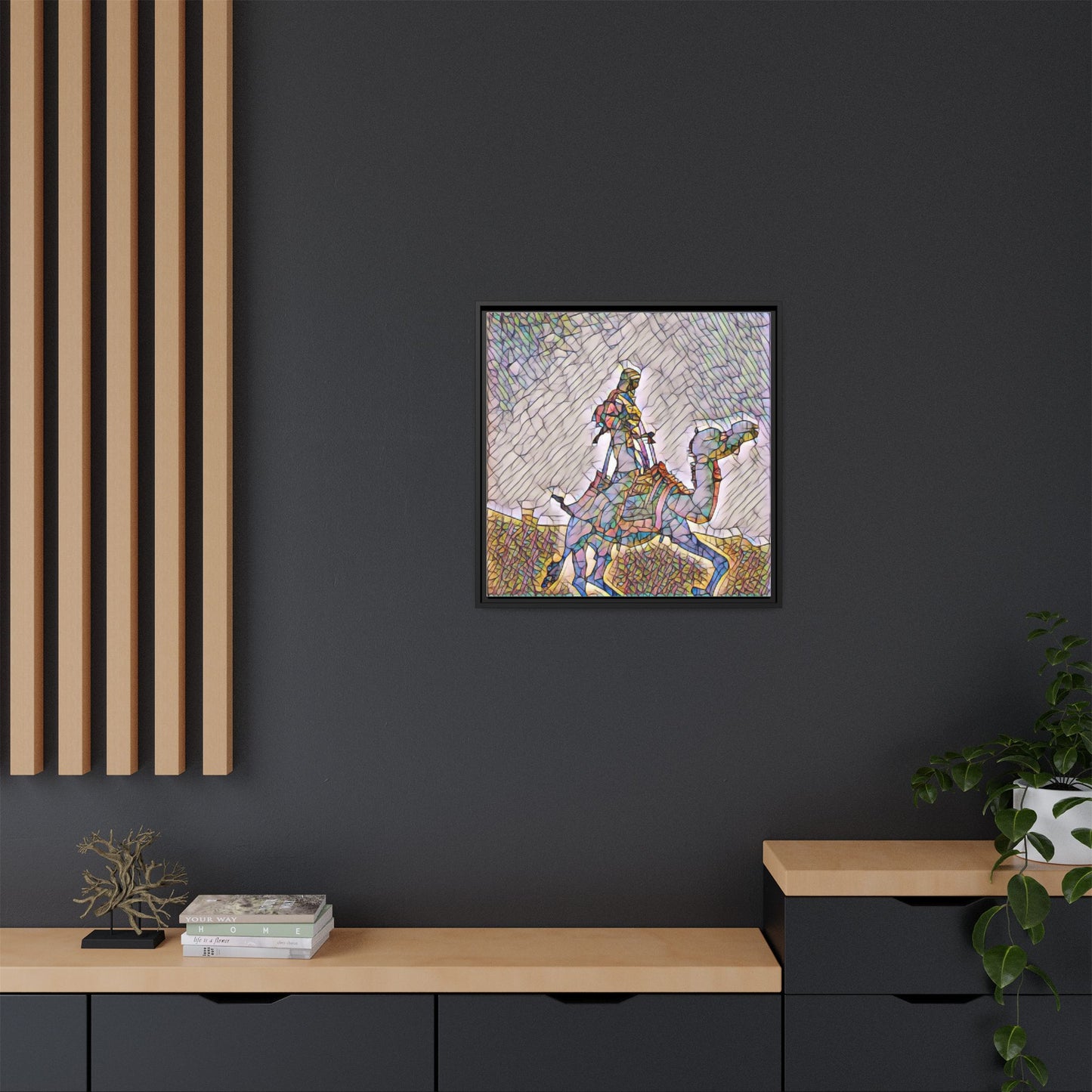Framed Camel Rider Matte Canvas Art — Colorful Mosaic Desert Wall Decor
