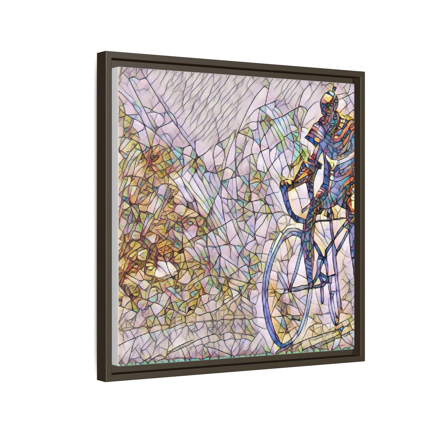 Colorful Cyclist Stained-Glass Art — Framed Matte Canvas