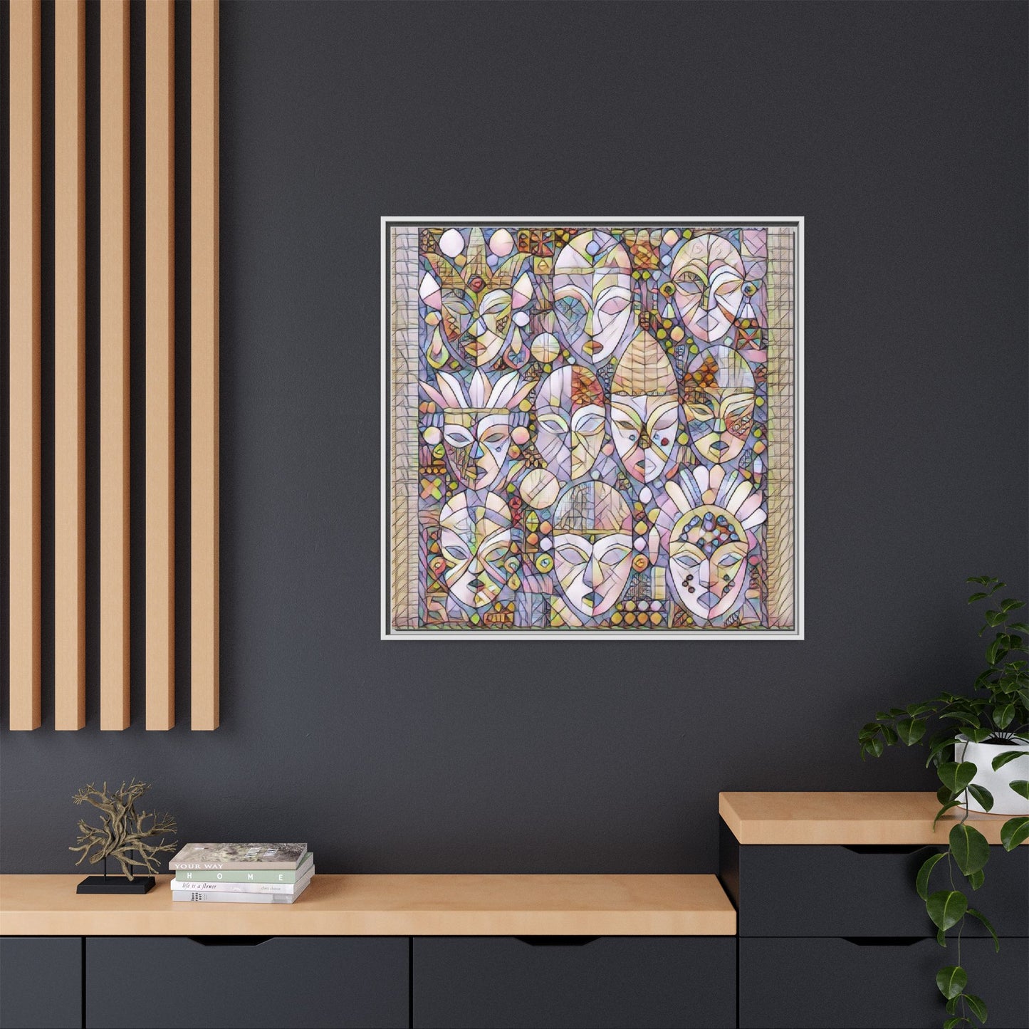 Framed Abstract Mask Art Canvas — Multicolor Stained-Glass Faces Wall Decor