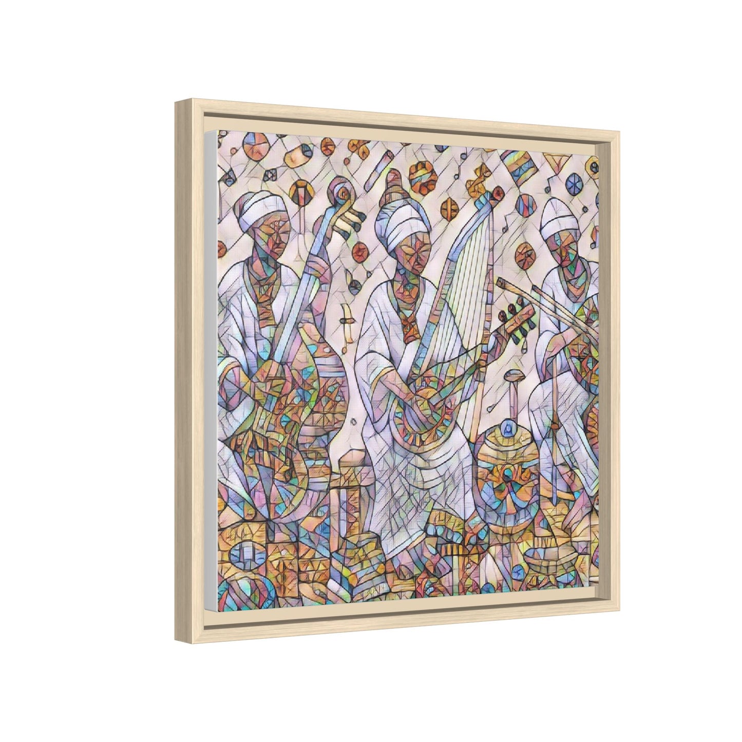 Framed Matte Canvas Print — Colorful African Musicians Stained-Glass Art
