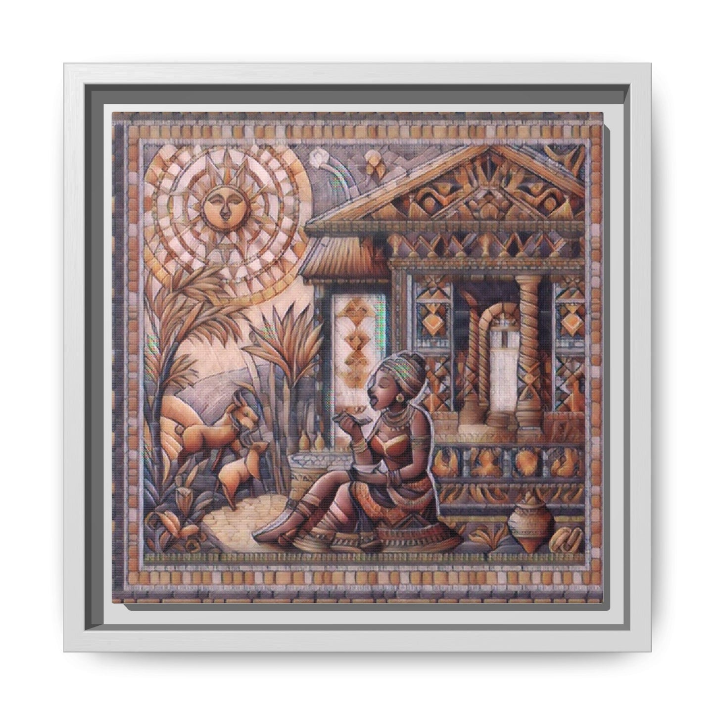 Egyptian Goddess Mosaic Framed Canvas Art — Colorful Ancient Ritual Wall Decor