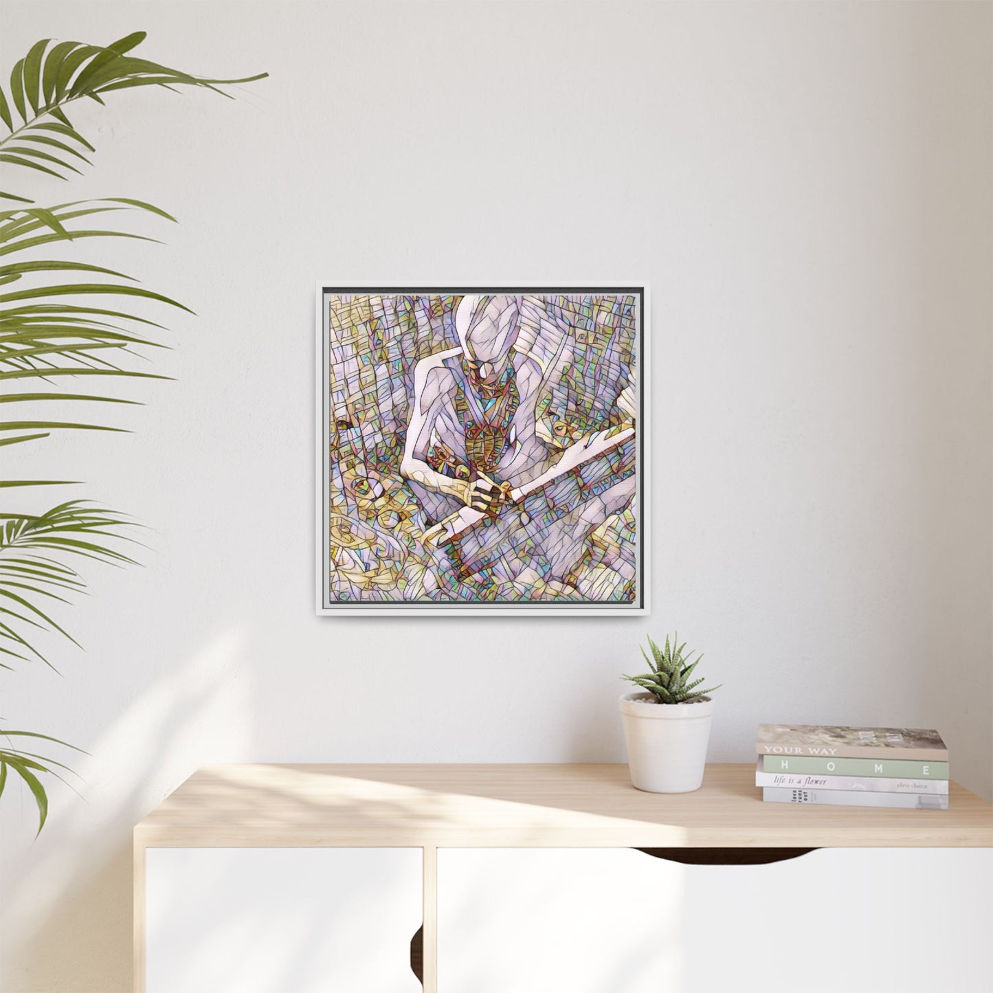 Abstract Fantasy Warrior Matte Framed Canvas — Colorful Stained-Glass Style Art