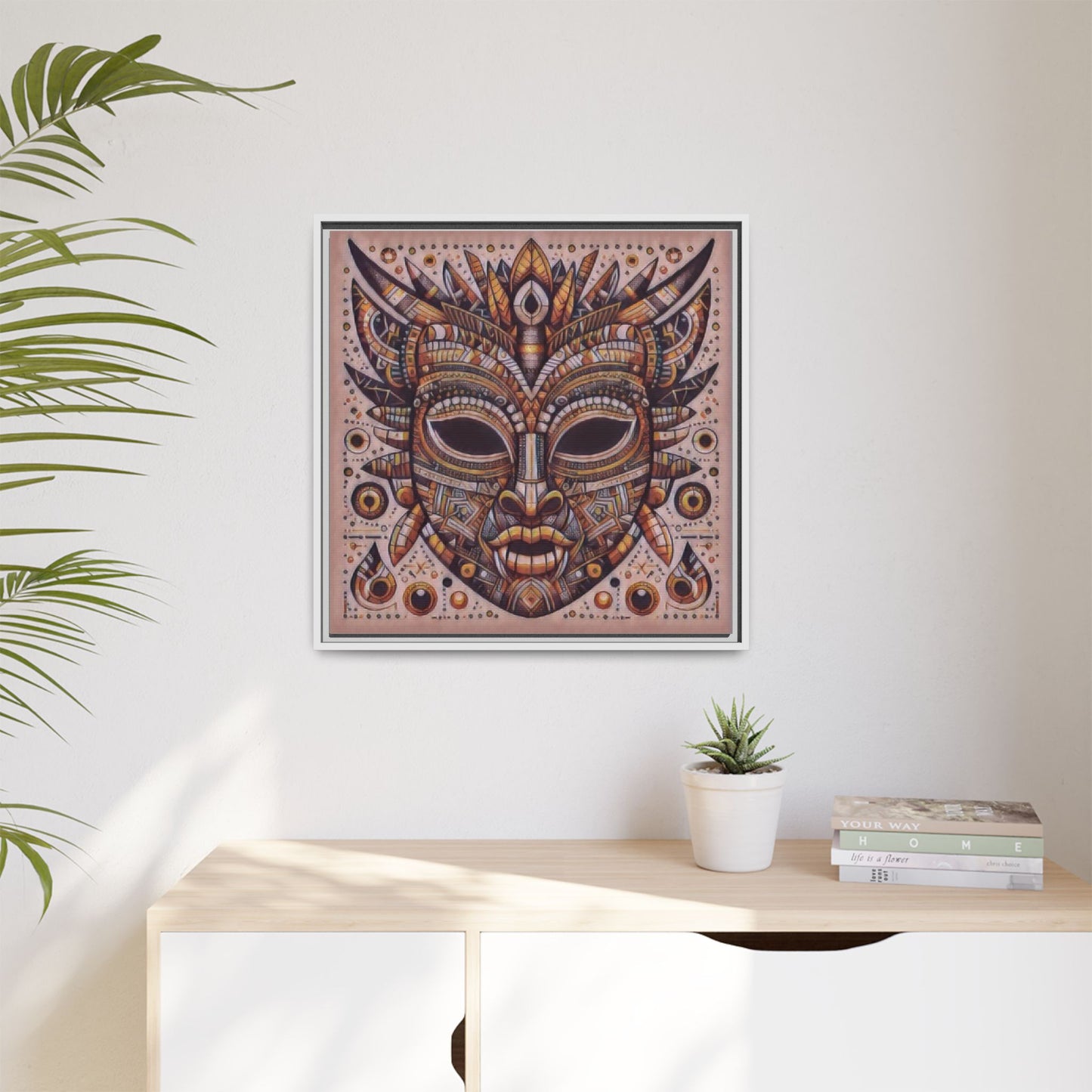 Tribal Mask Framed Canvas Art — Multicolor Matte Wall Decor