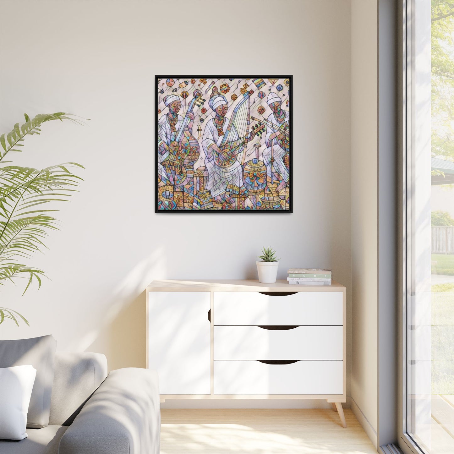 Framed Matte Canvas Print — Colorful African Musicians Stained-Glass Art