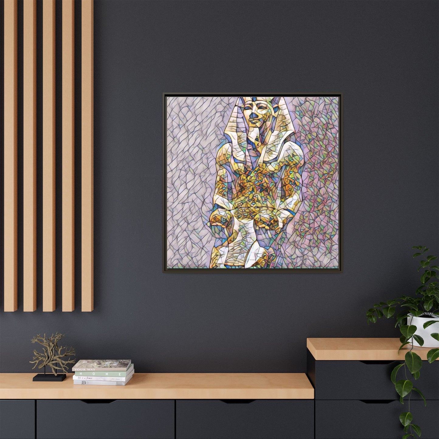 Framed Abstract Pharaoh Matte Canvas Wall Art — Multicolor Egyptian Statue Print